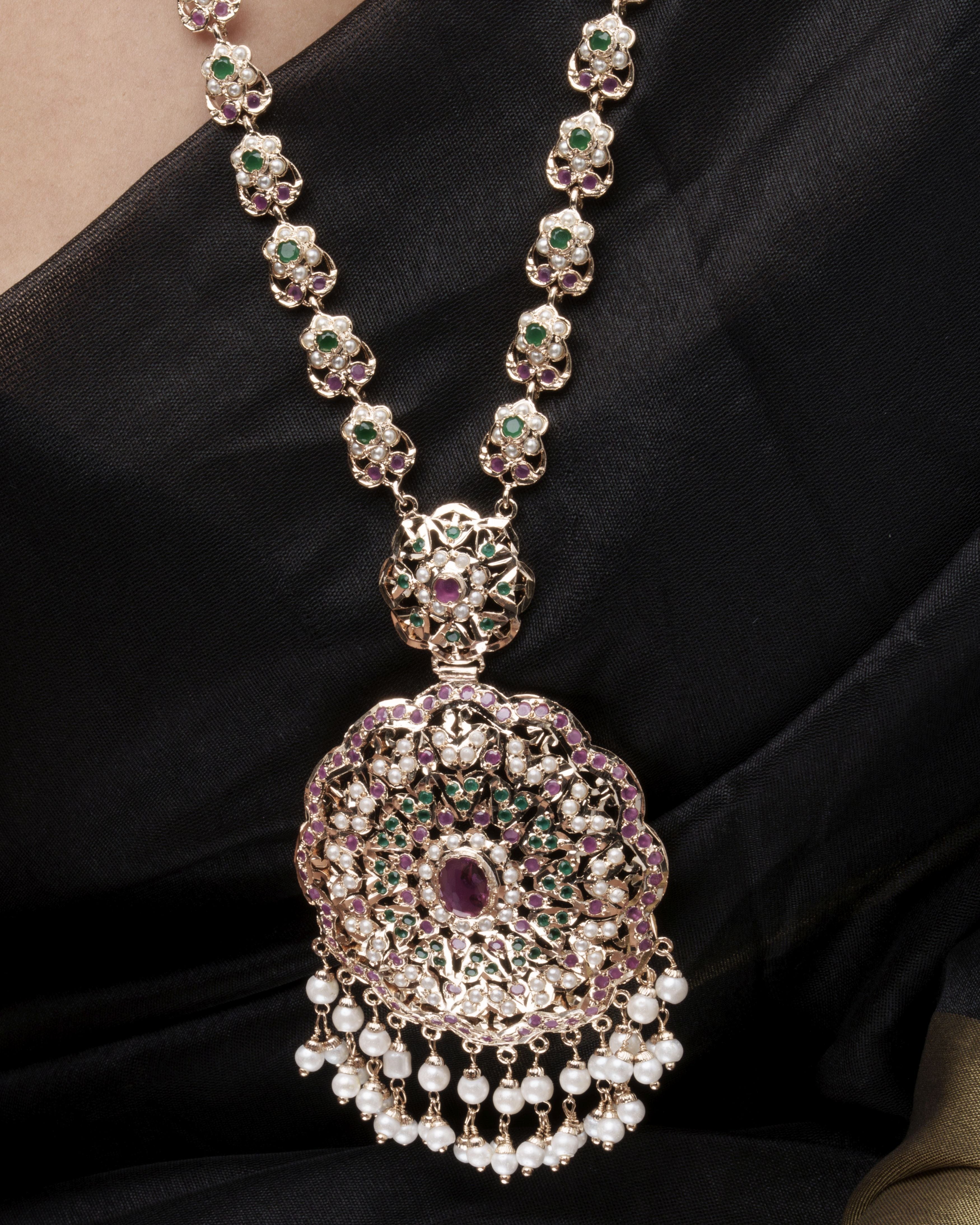 Royal Heirloom: Ruby, Emerald & Pearl Heritage Long Jadau Necklace Set - 100% Handmade
