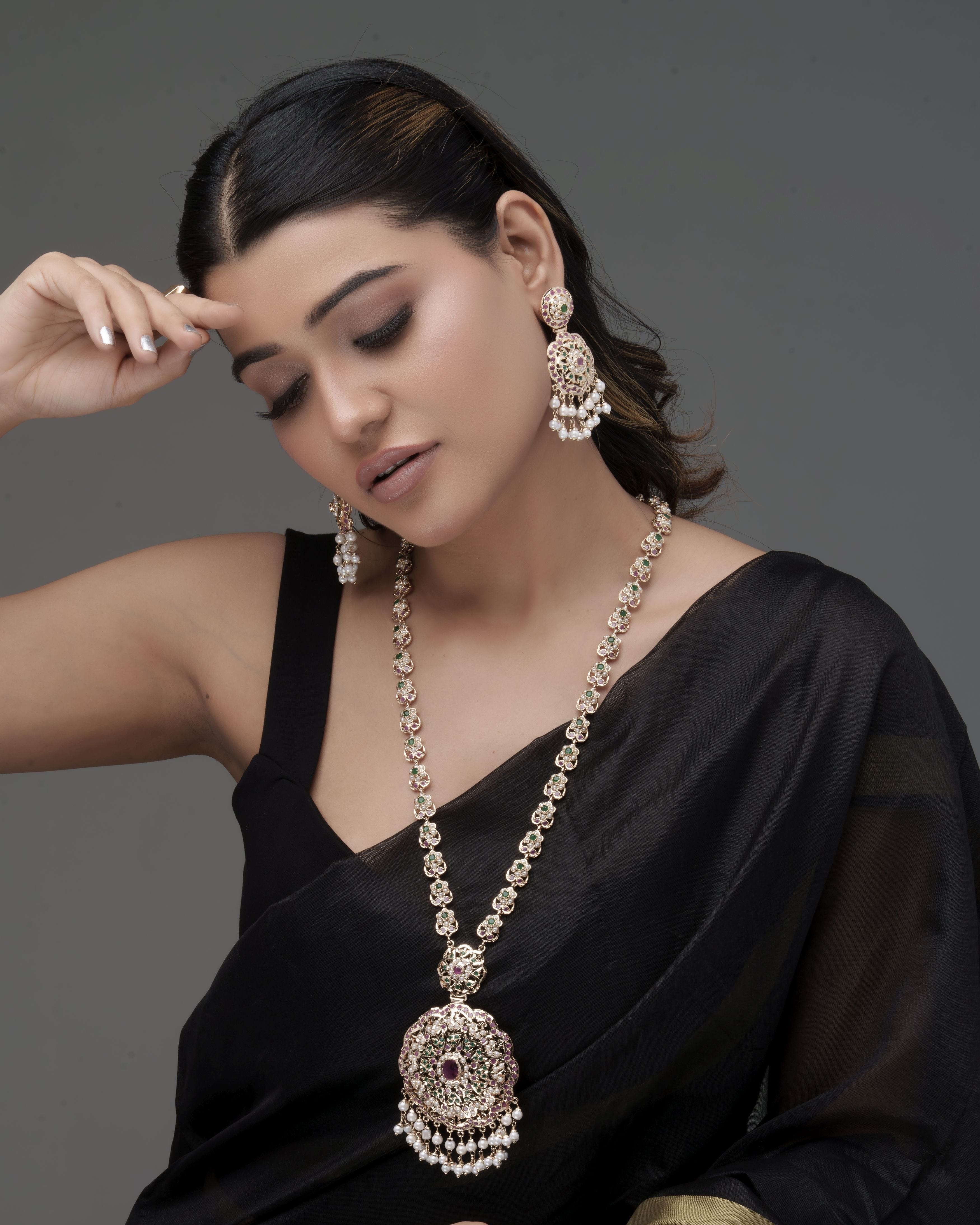 Royal Heirloom: Ruby, Emerald & Pearl Heritage Long Jadau Necklace Set - 100% Handmade