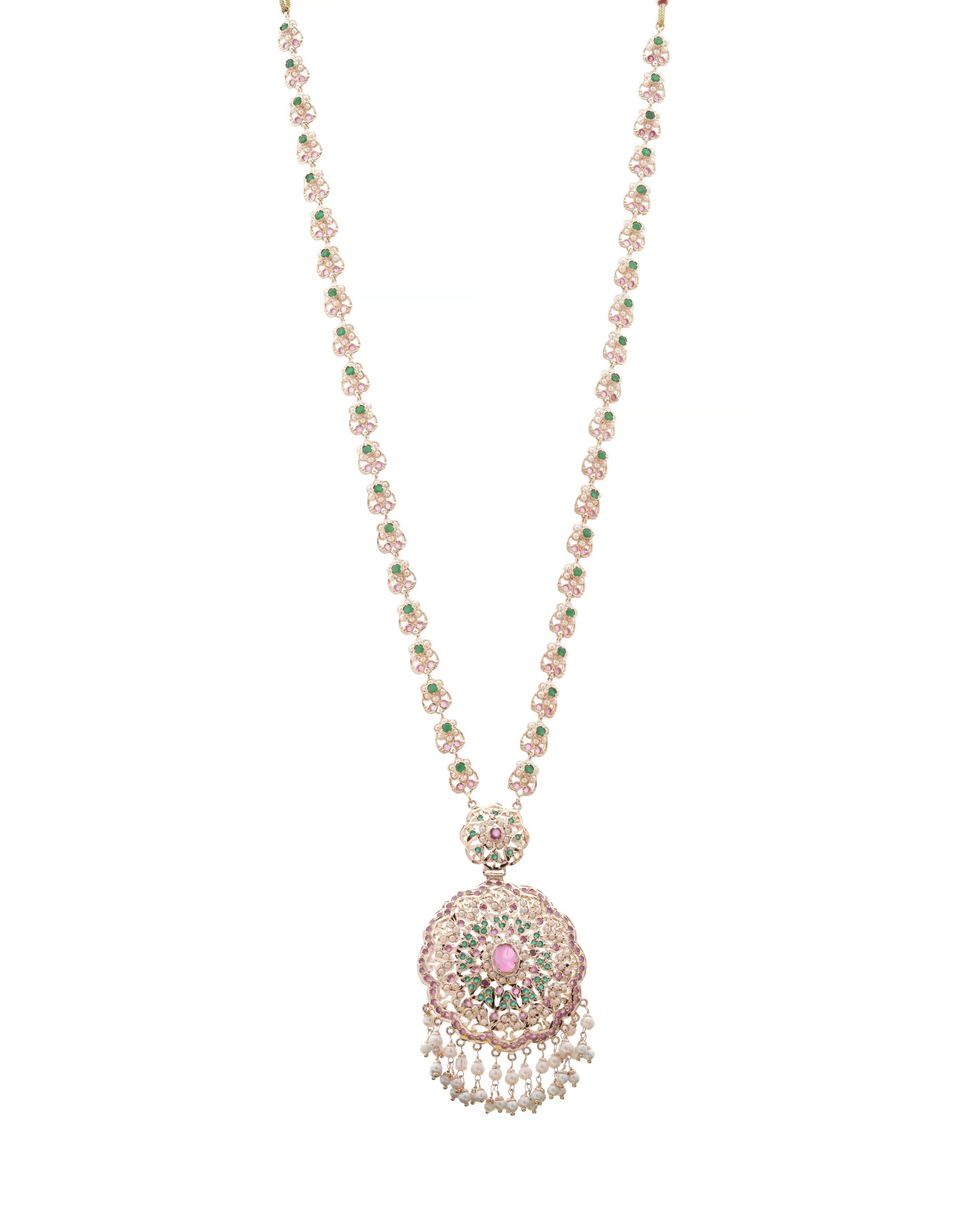 Royal Heirloom: Ruby, Emerald & Pearl Heritage Long Jadau Necklace Set - 100% Handmade