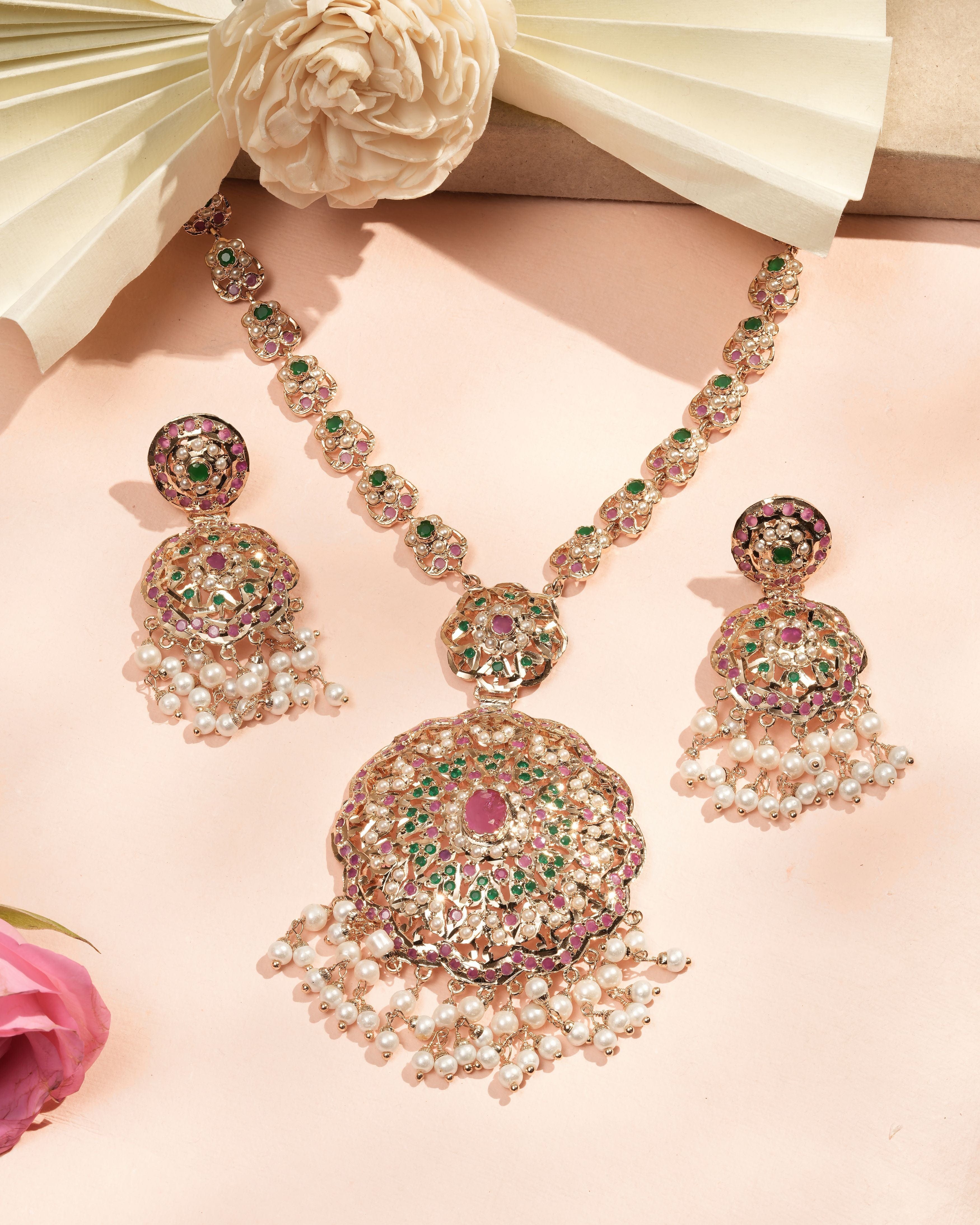 Royal Heirloom: Ruby, Emerald & Pearl Heritage Long Jadau Necklace Set - 100% Handmade