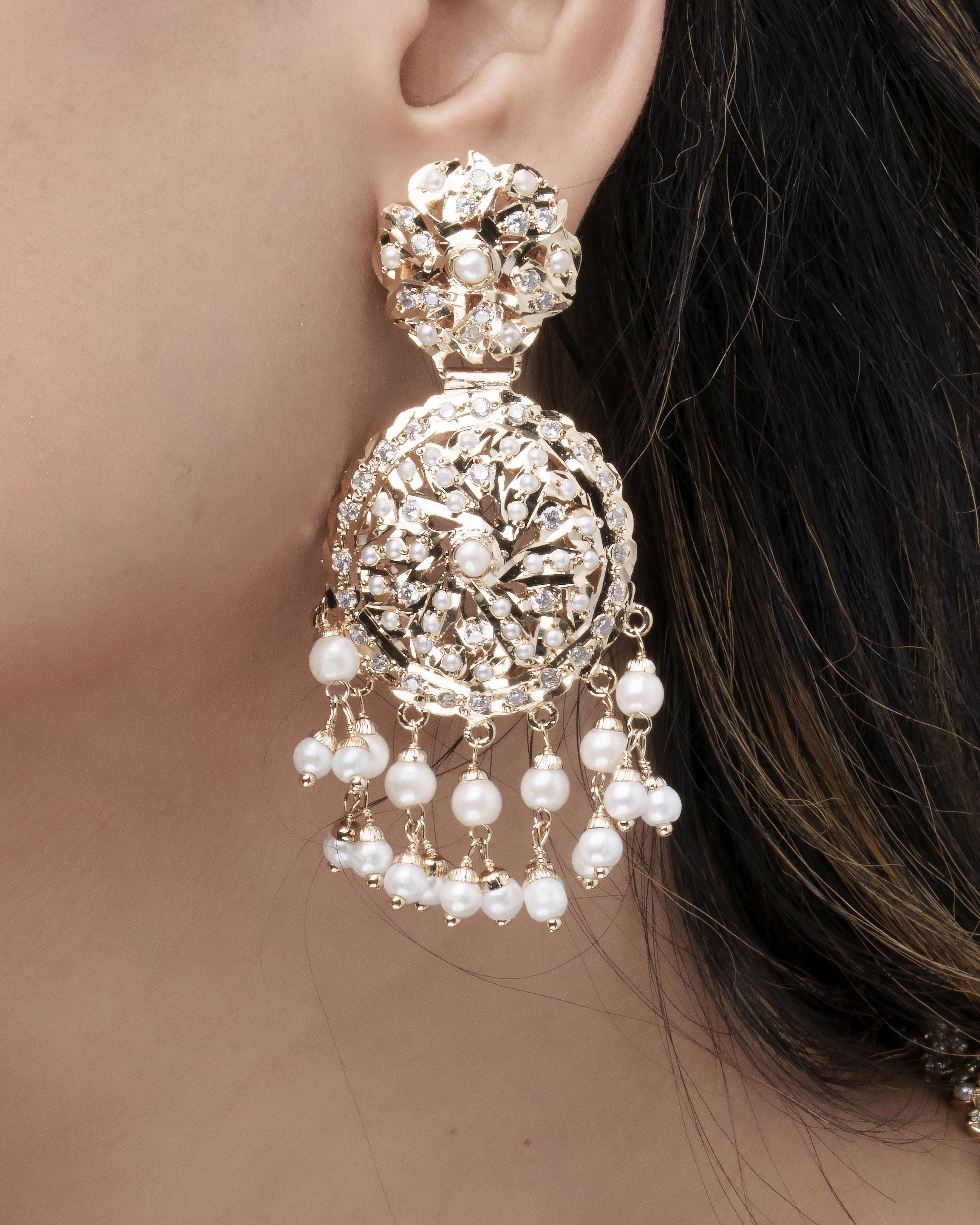 Eternal Grace Filigree Pearl Long Jadau Necklace & Earrings Set , 100% Handmade