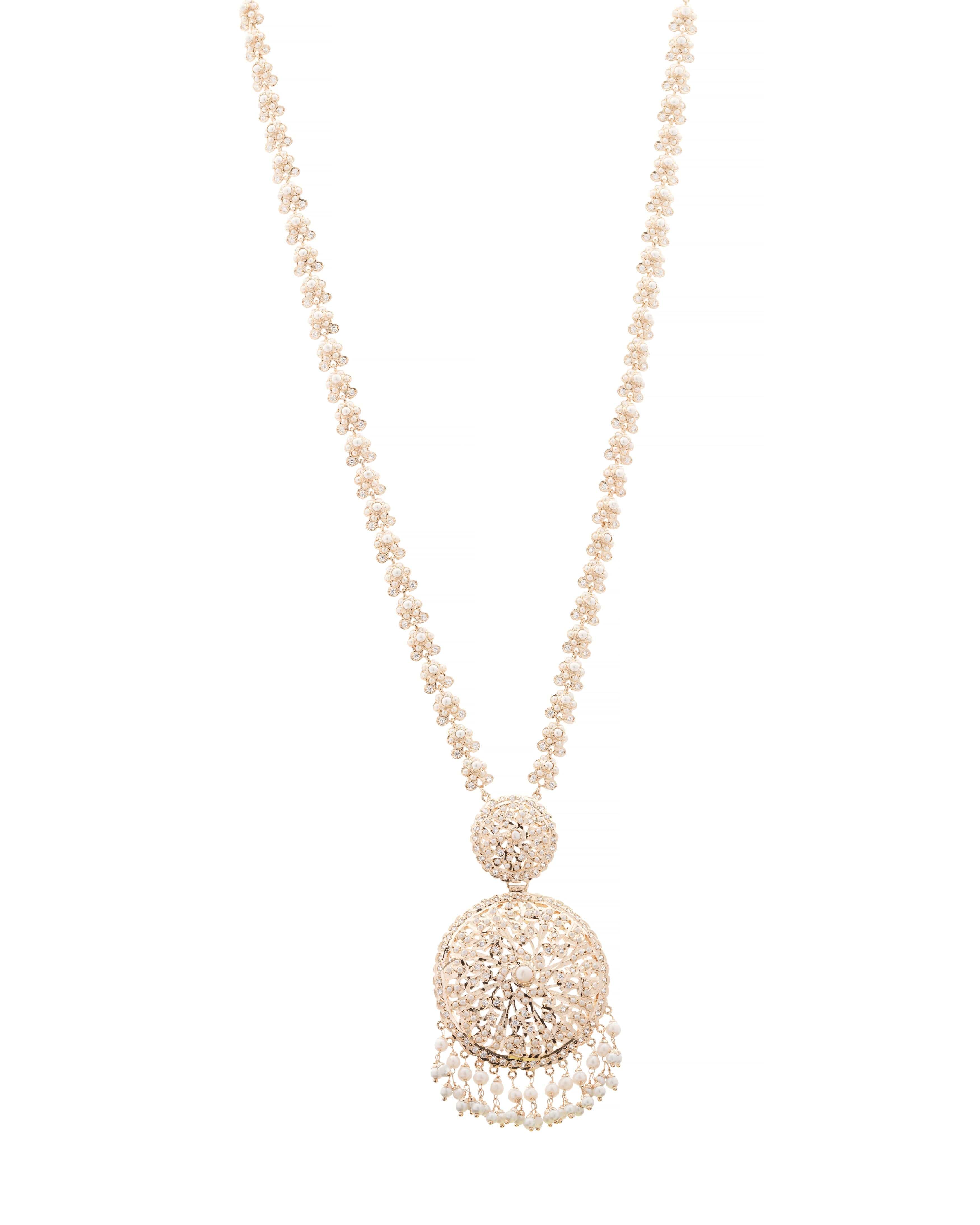 Eternal Grace Filigree Pearl Long Jadau Necklace & Earrings Set , 100% Handmade