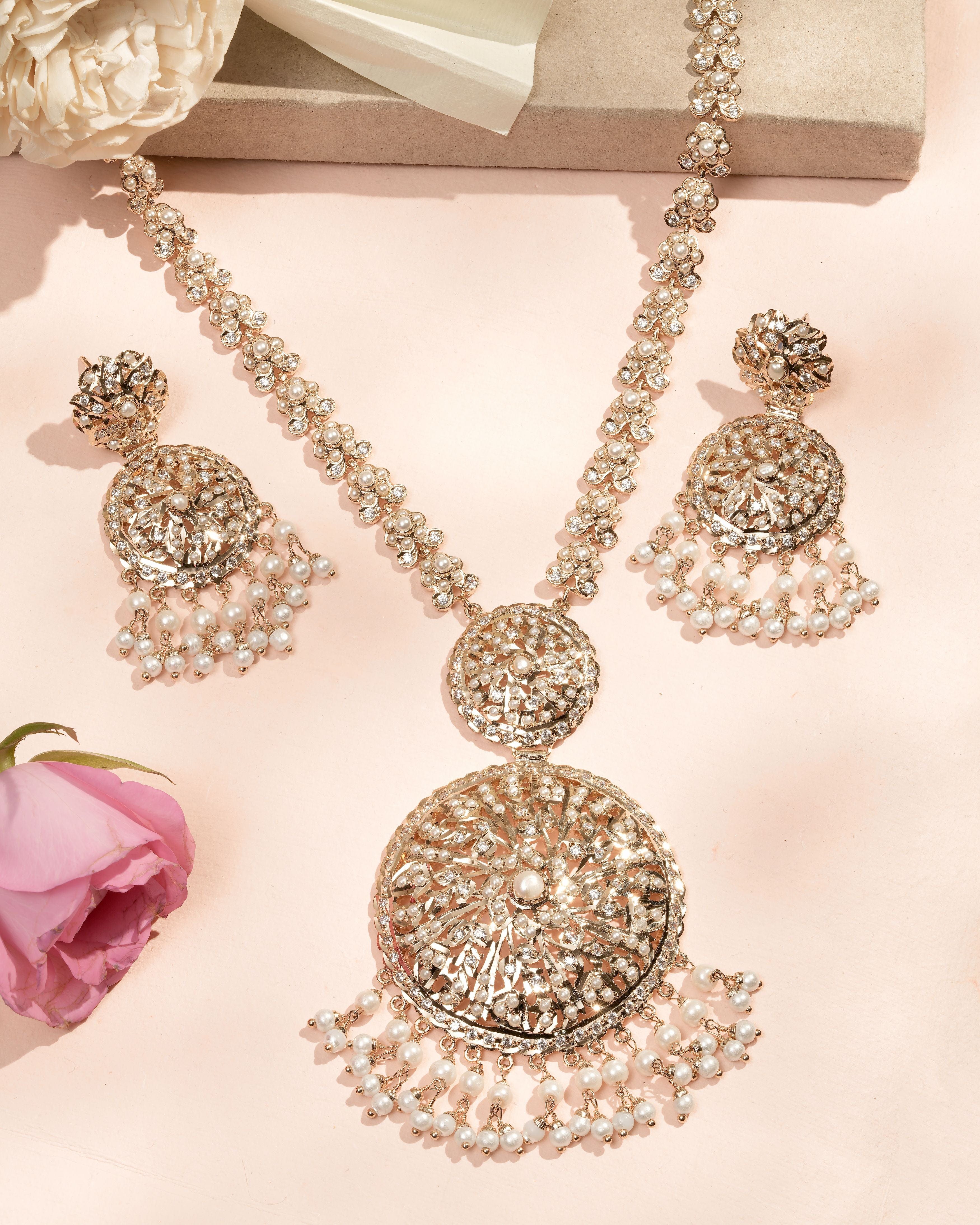 Eternal Grace Filigree Pearl Long Jadau Necklace & Earrings Set , 100% Handmade