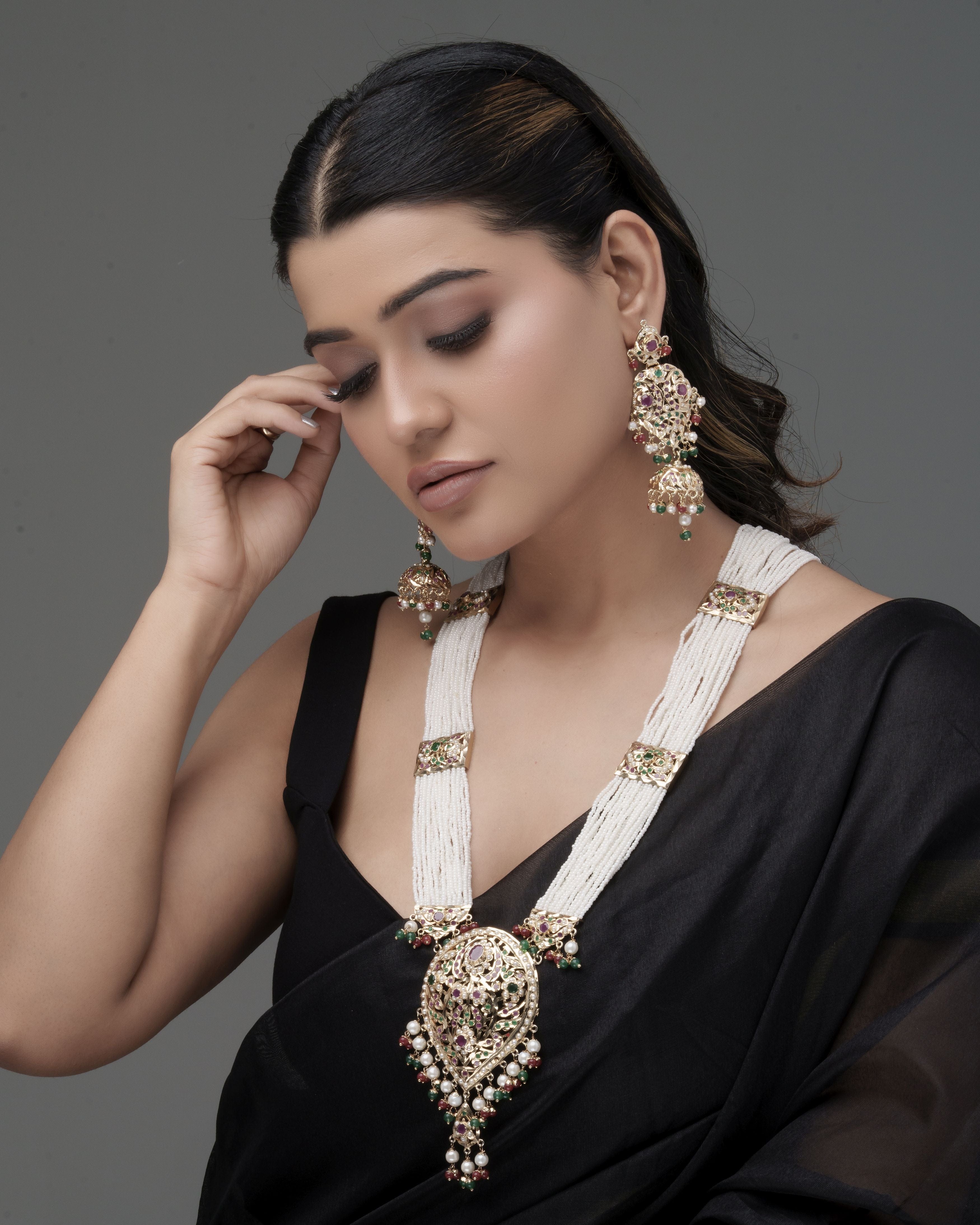 Heritage Handmade Jadau Necklace & Jhumka Earrings Set with Pirohi work
