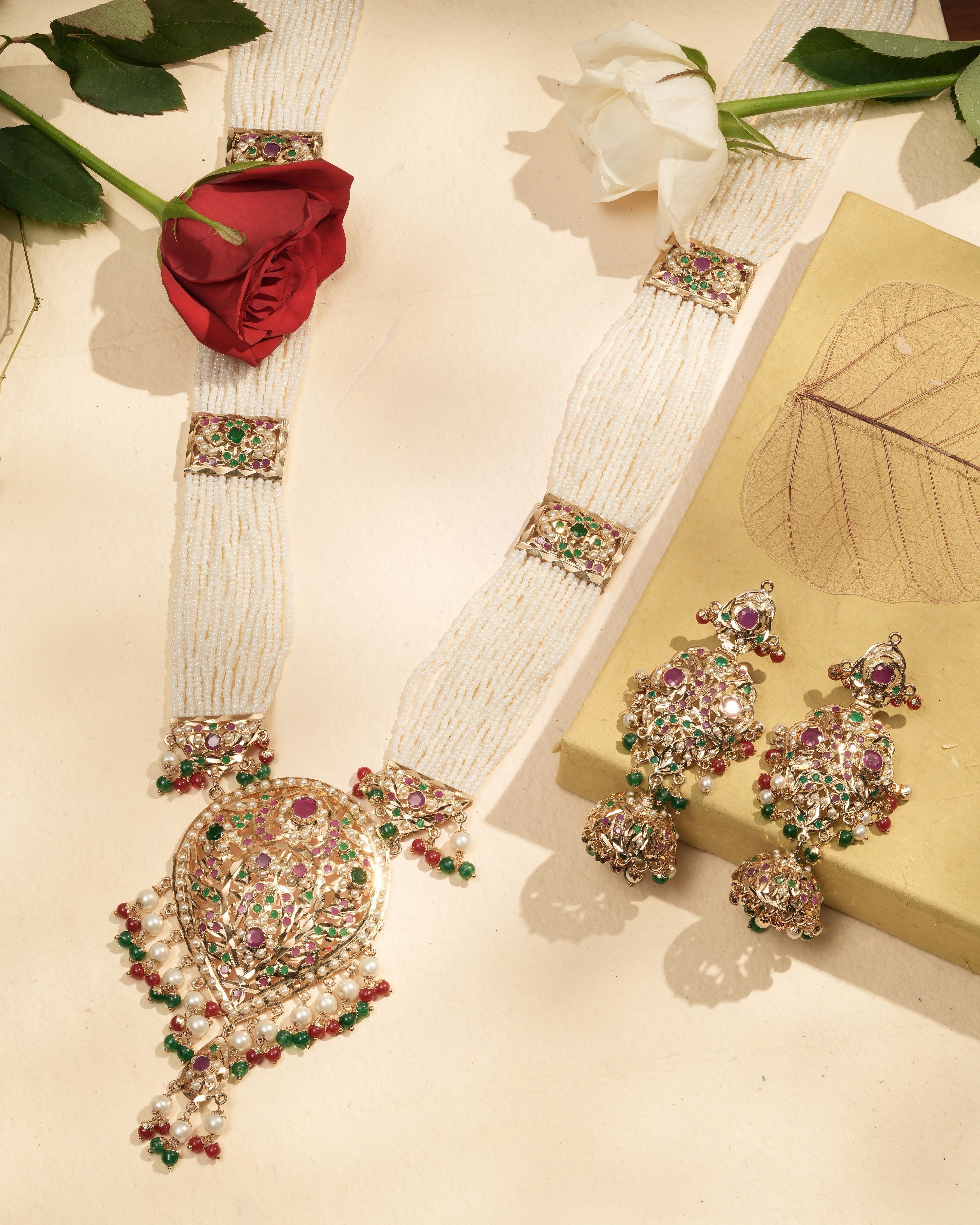 Heritage Handmade Jadau Necklace & Jhumka Earrings Set with Pirohi work
