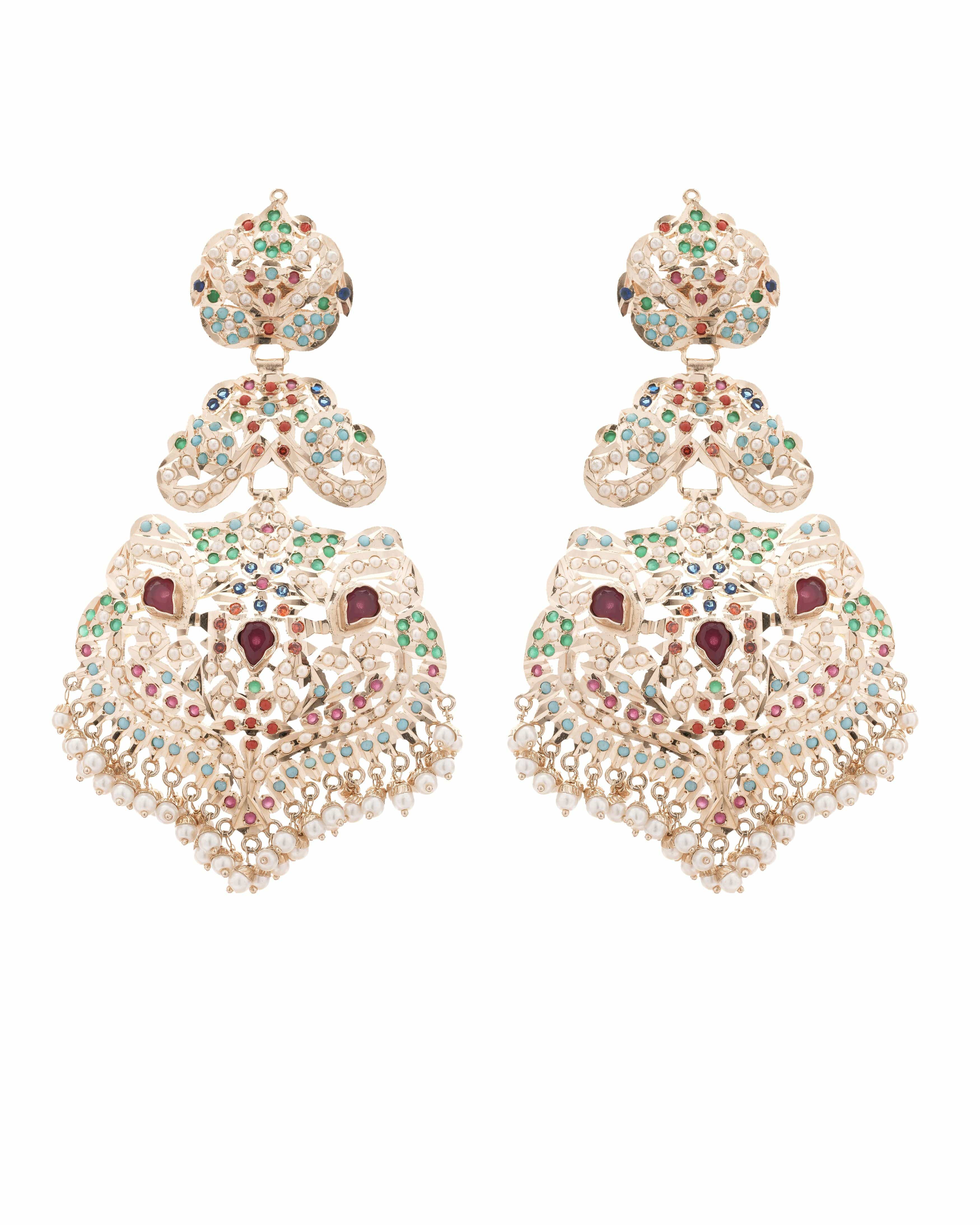 Regal handmade Jadau Pearl‑Fringe Chandelier Earrings