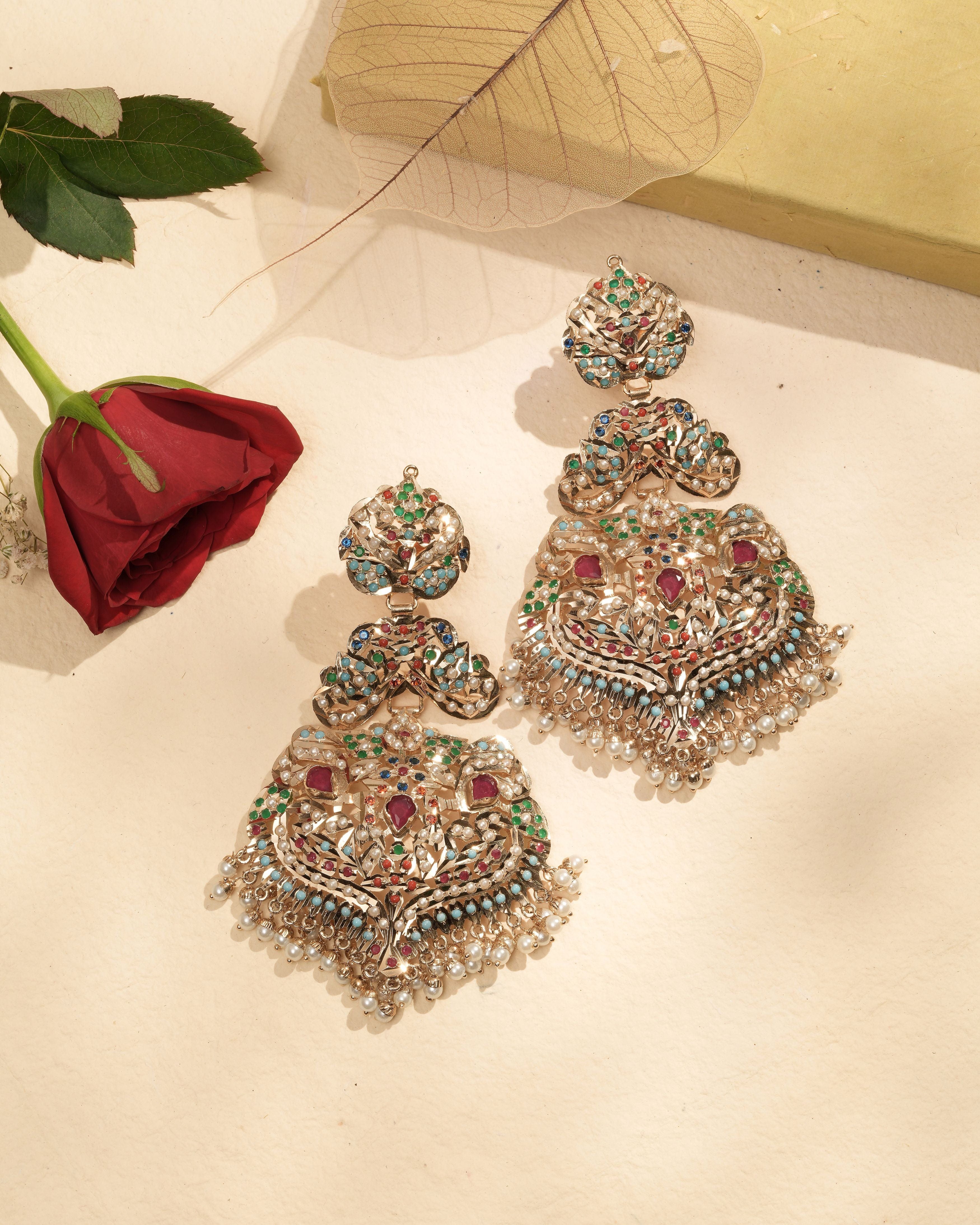Regal handmade Jadau Pearl‑Fringe Chandelier Earrings