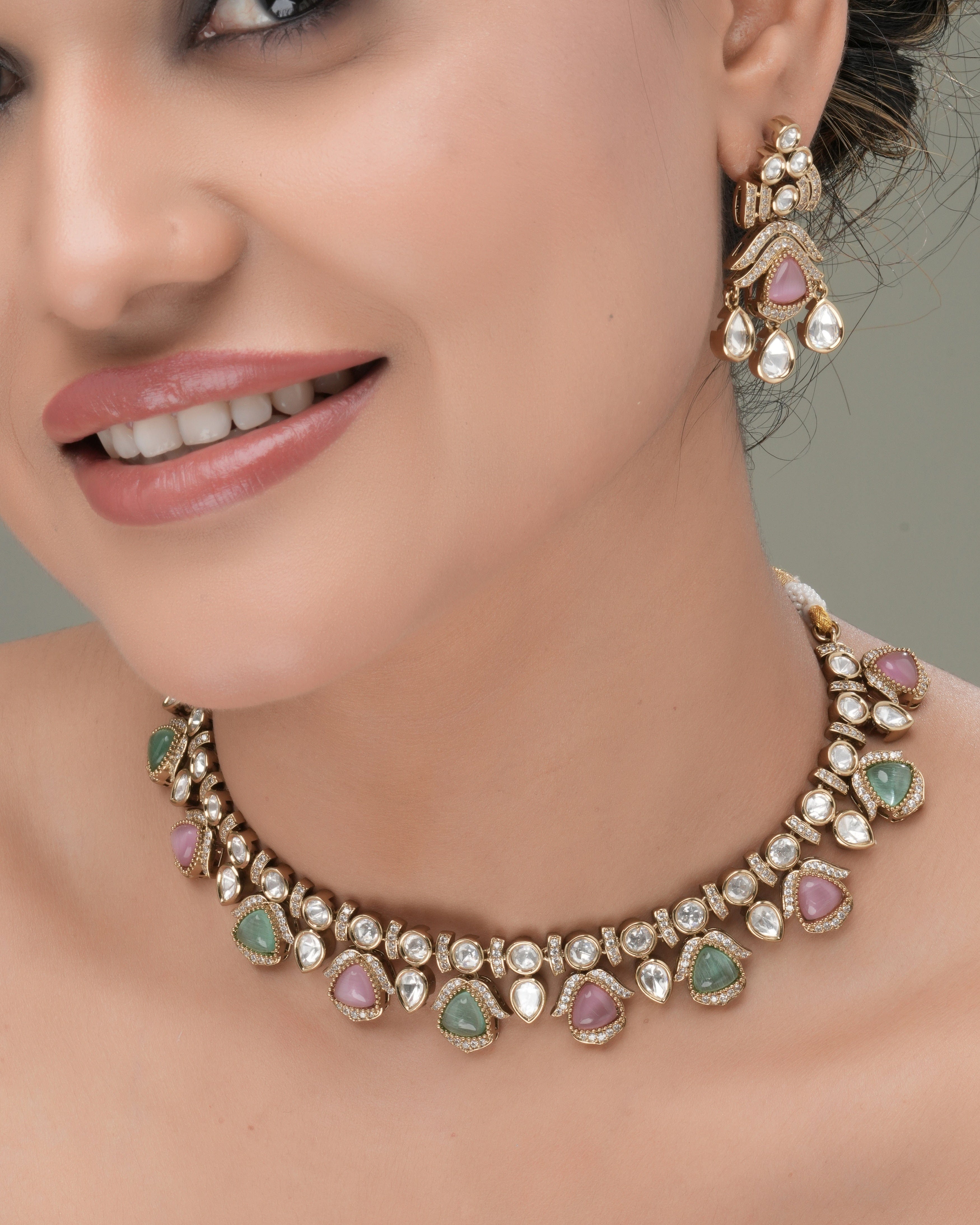 Pastel Petals – Green & Pink Teardrop Kundan Choker Necklace