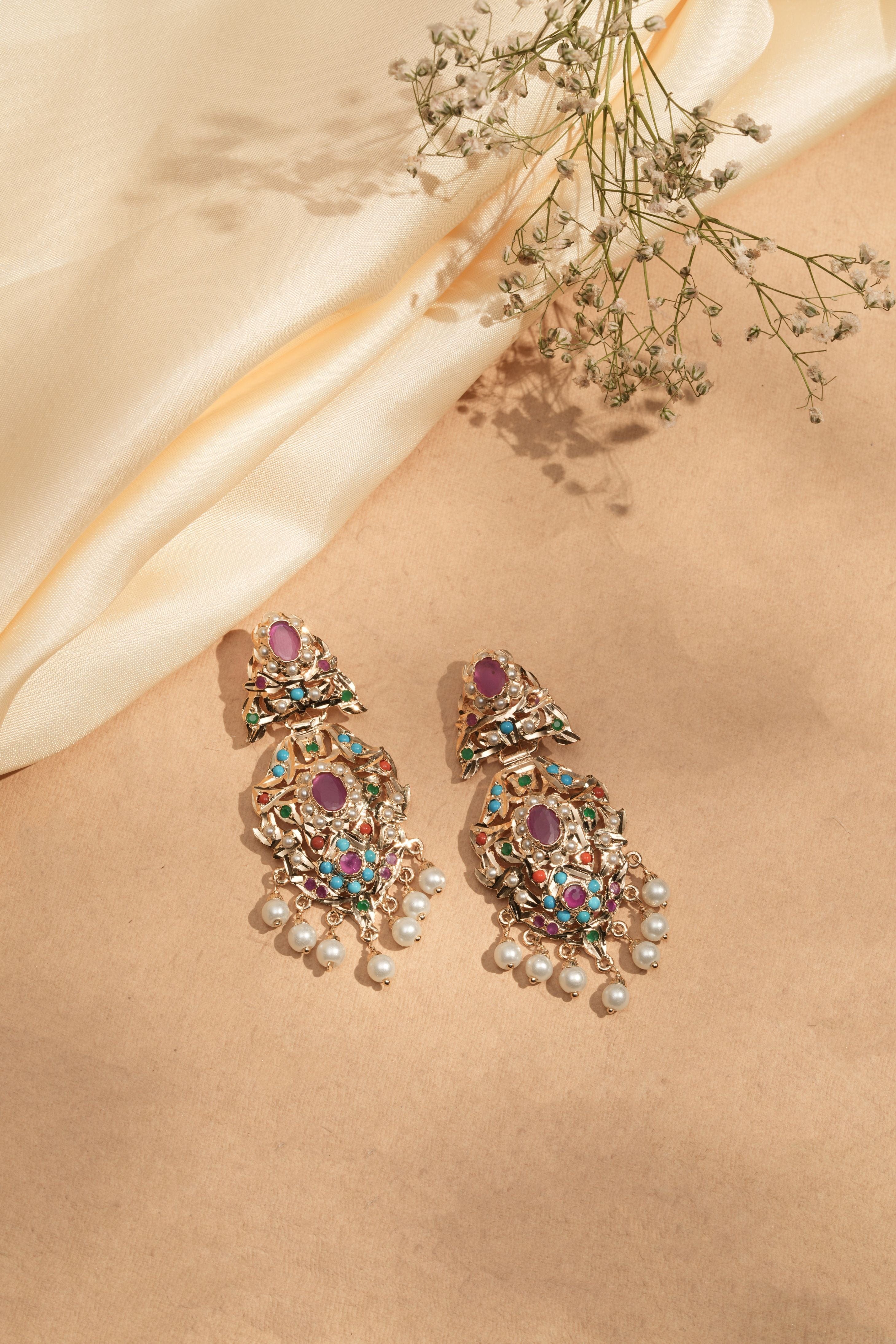 Handmade Heritage Ruby & Multicolor Jadau Earrings with Pearl Drops