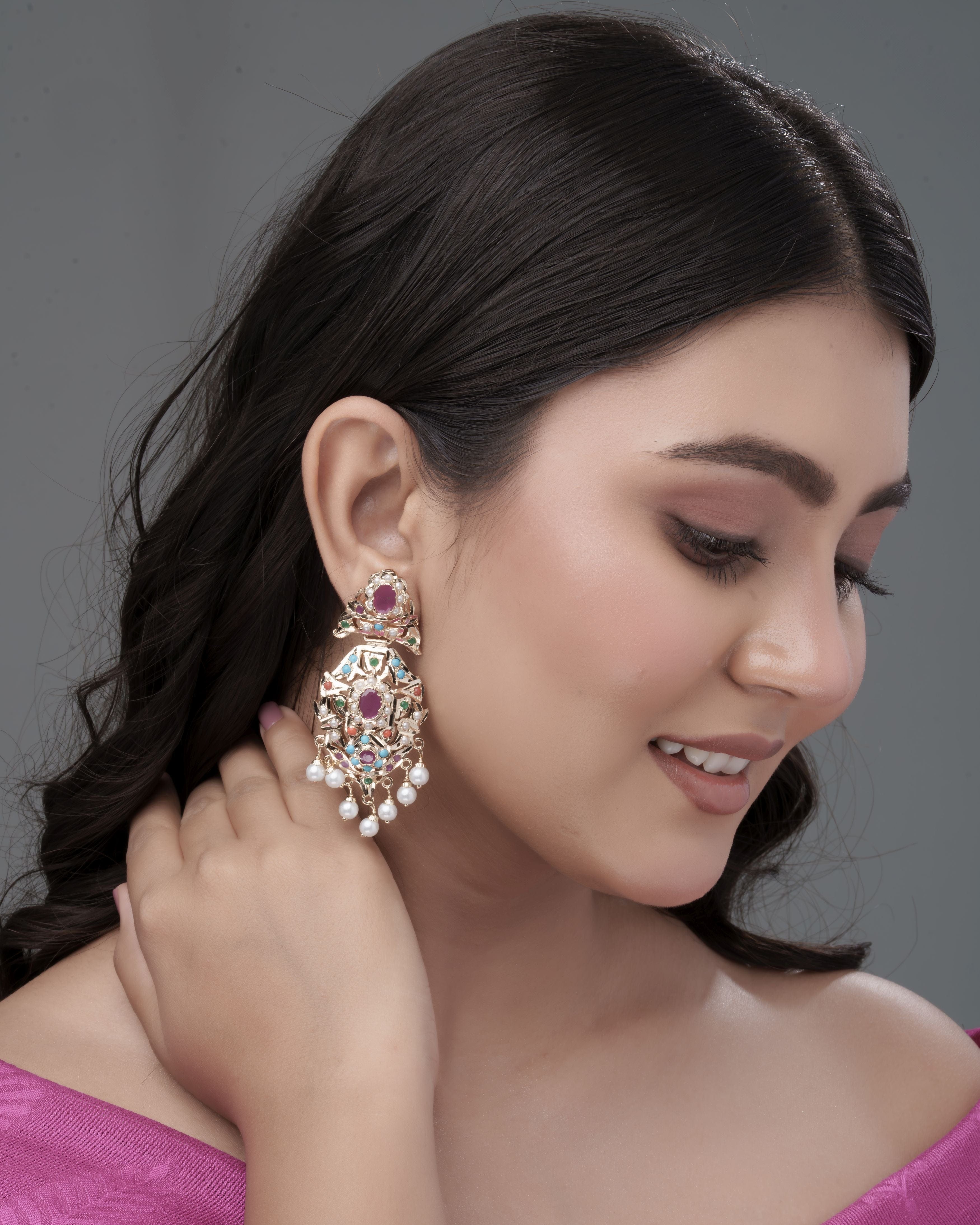 Handmade Heritage Ruby & Multicolor Jadau Earrings with Pearl Drops