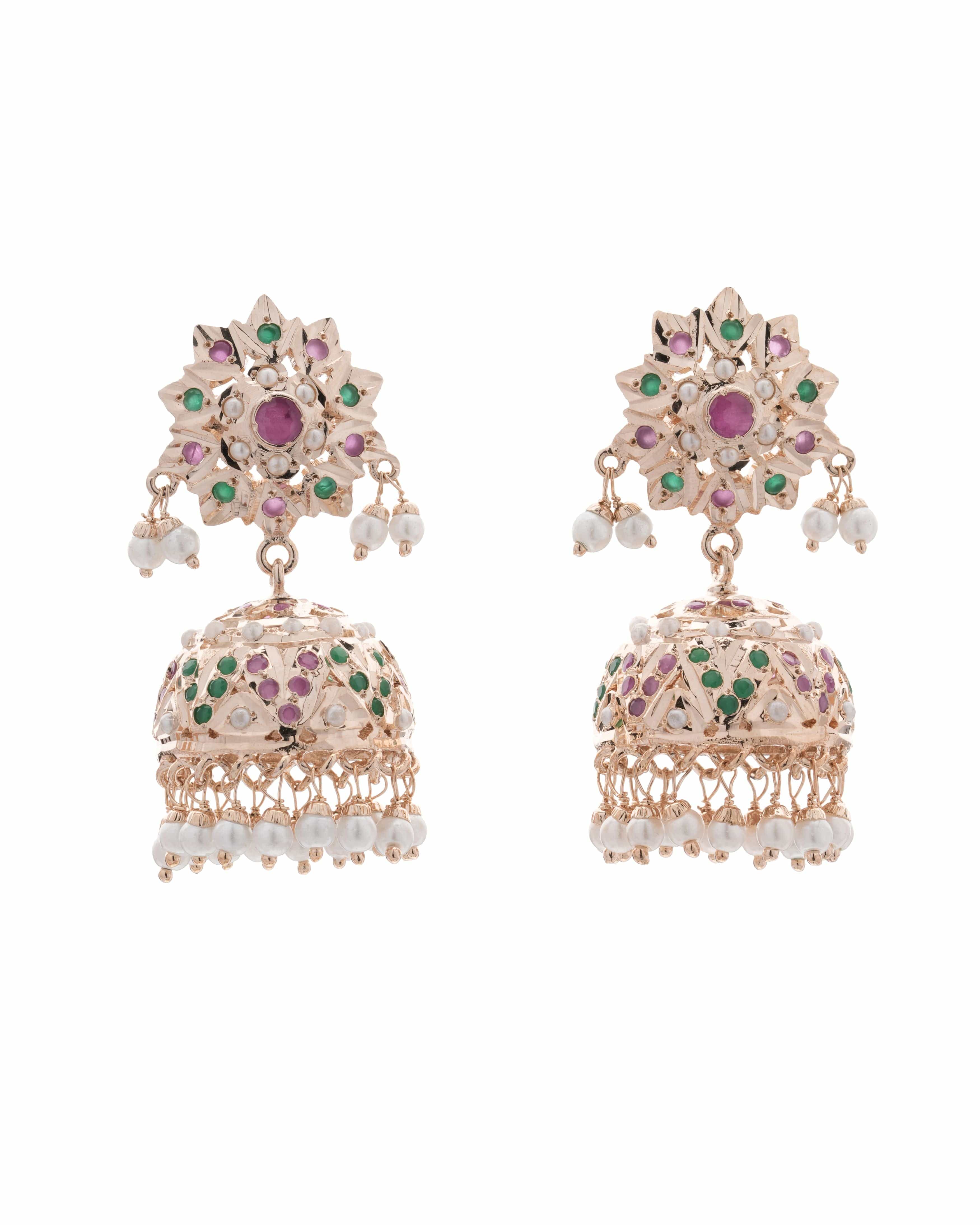 Handmade Regal Jadau Multicolor Jhumka Earrings with Pearl Fringe