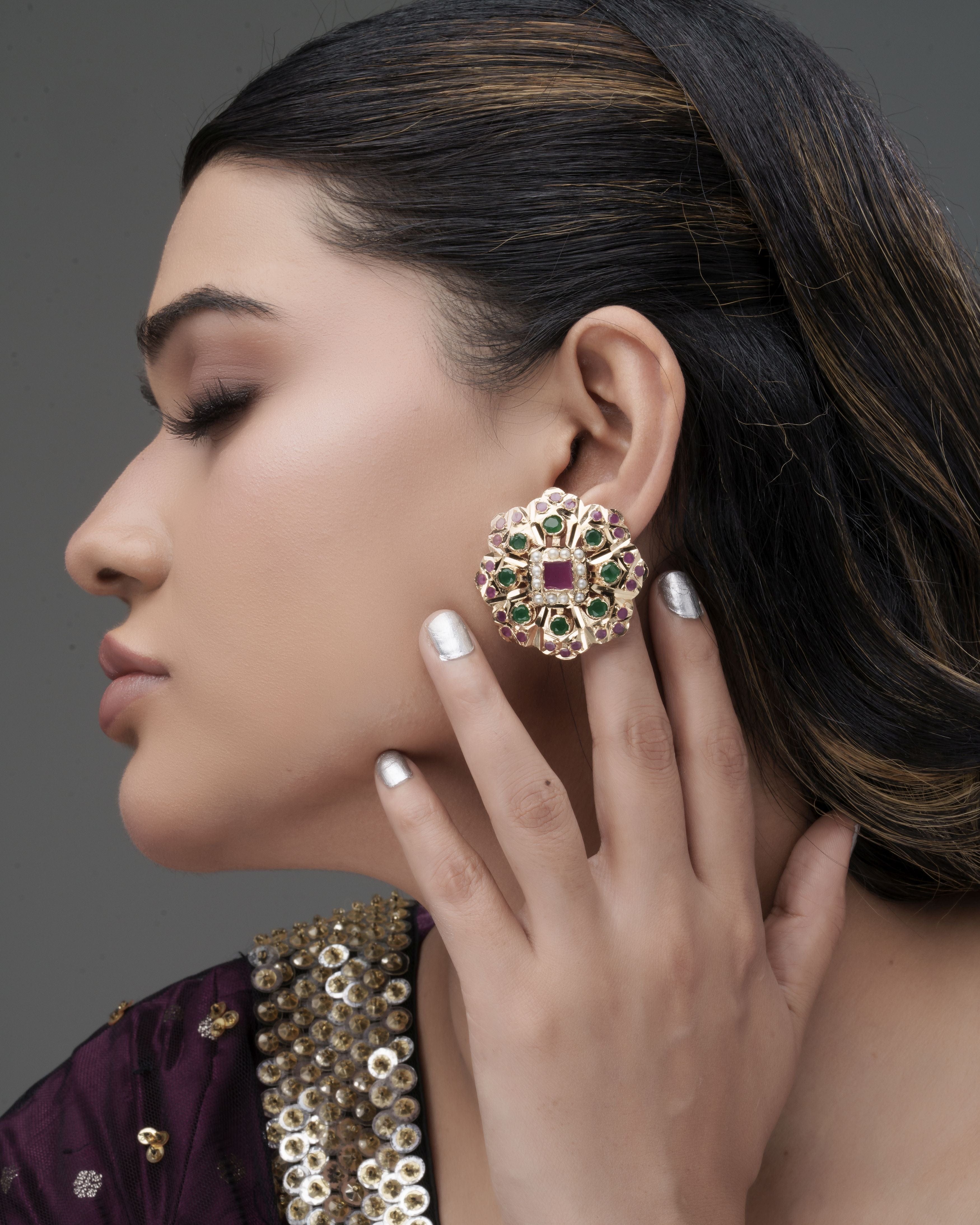 Handmade Vibrant Jadau Heritage Stud Earrings