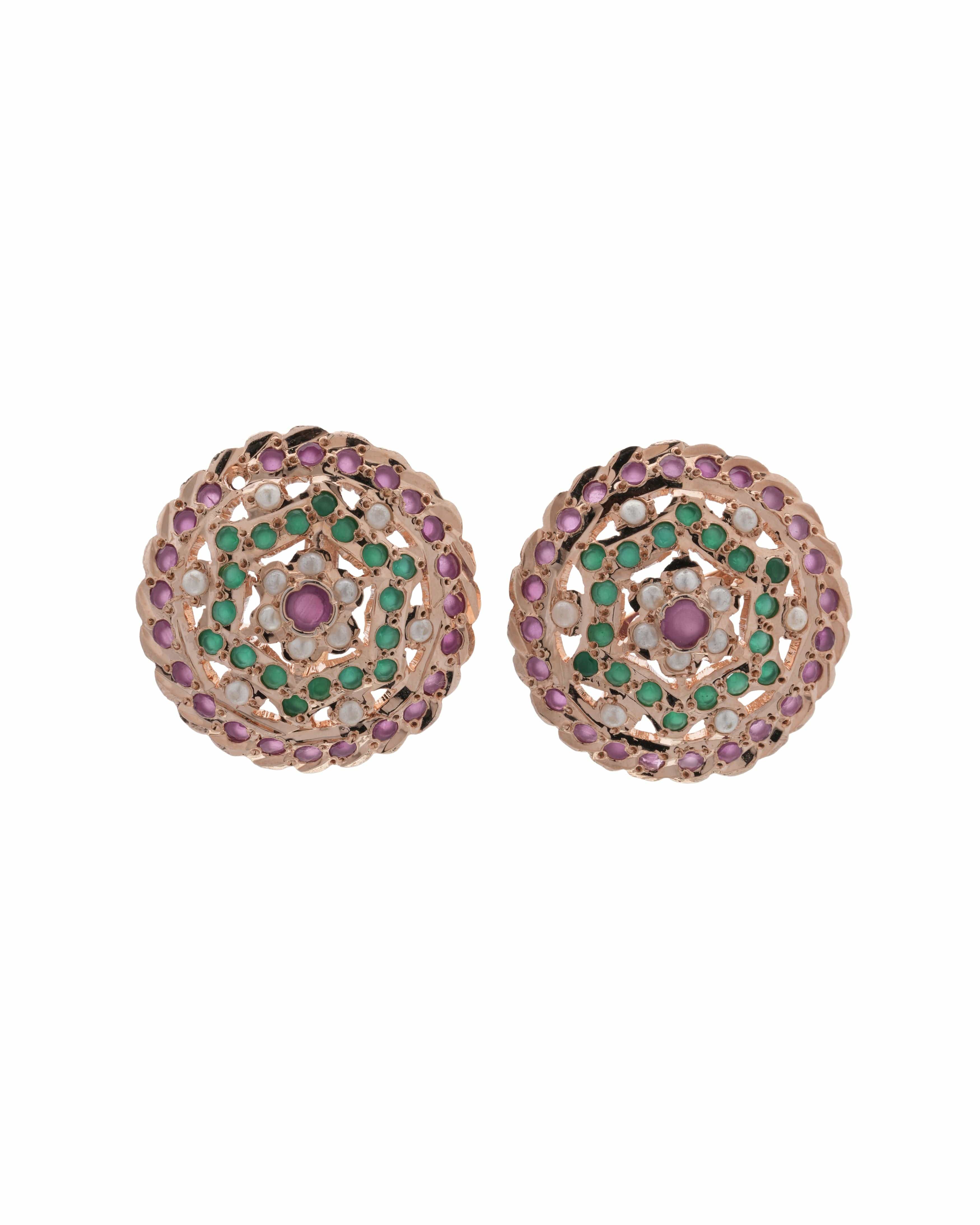 Handmade Jadau Top Dome Stud Earrings with Semi precious Cabochons