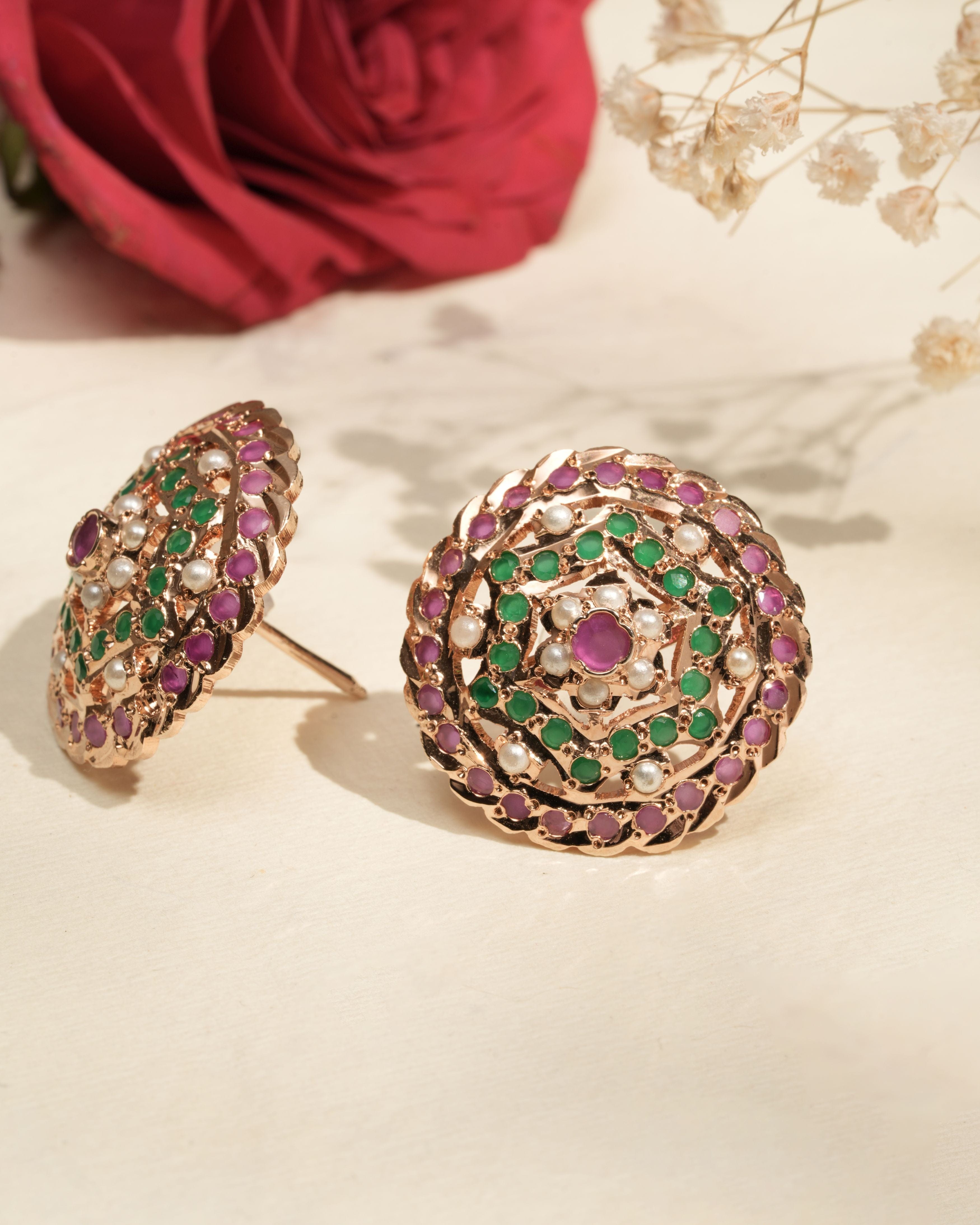 Handmade Jadau Top Dome Stud Earrings with Semi precious Cabochons