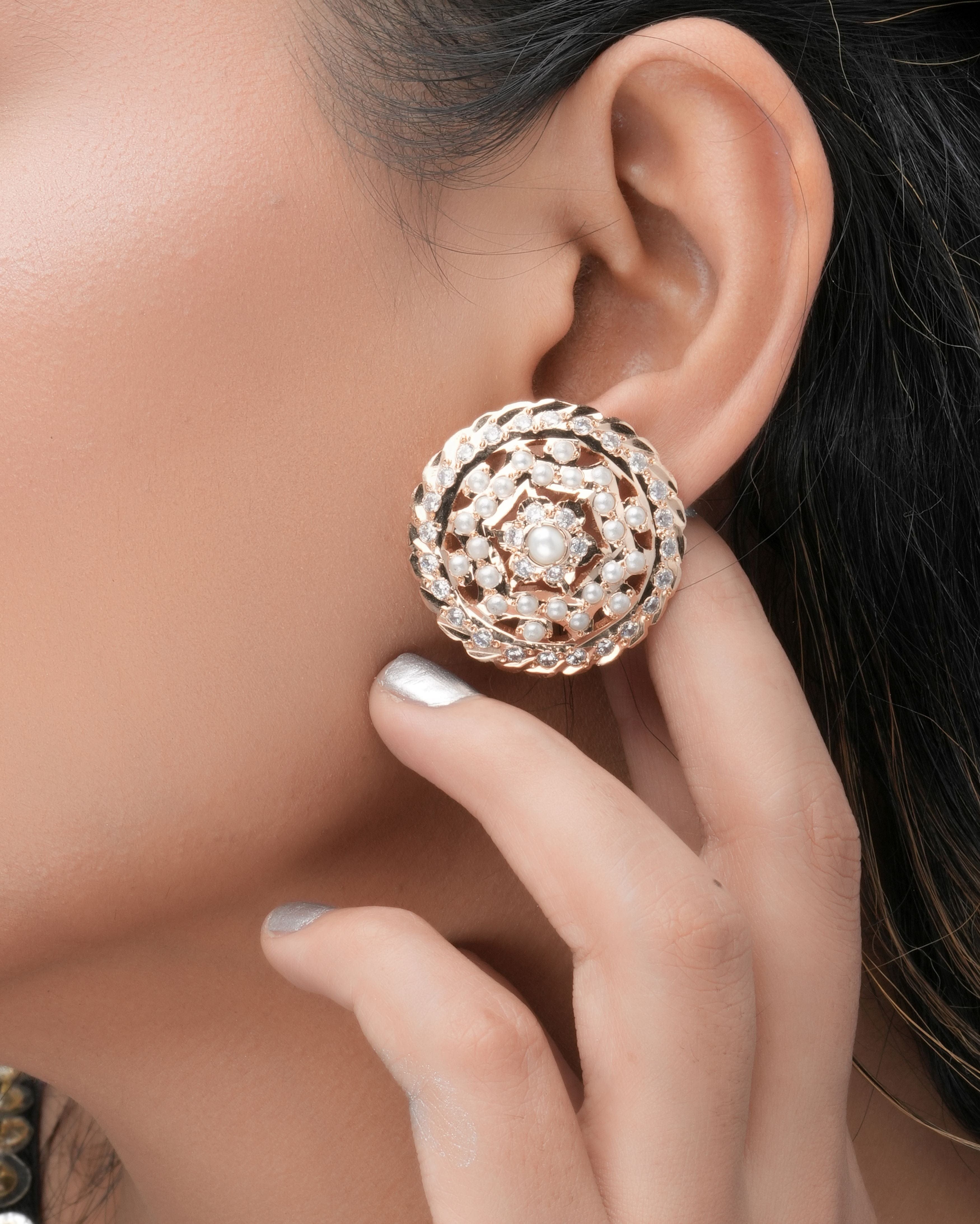 Handmade Jadau Pearl & Crystal Dome Stud Earrings
