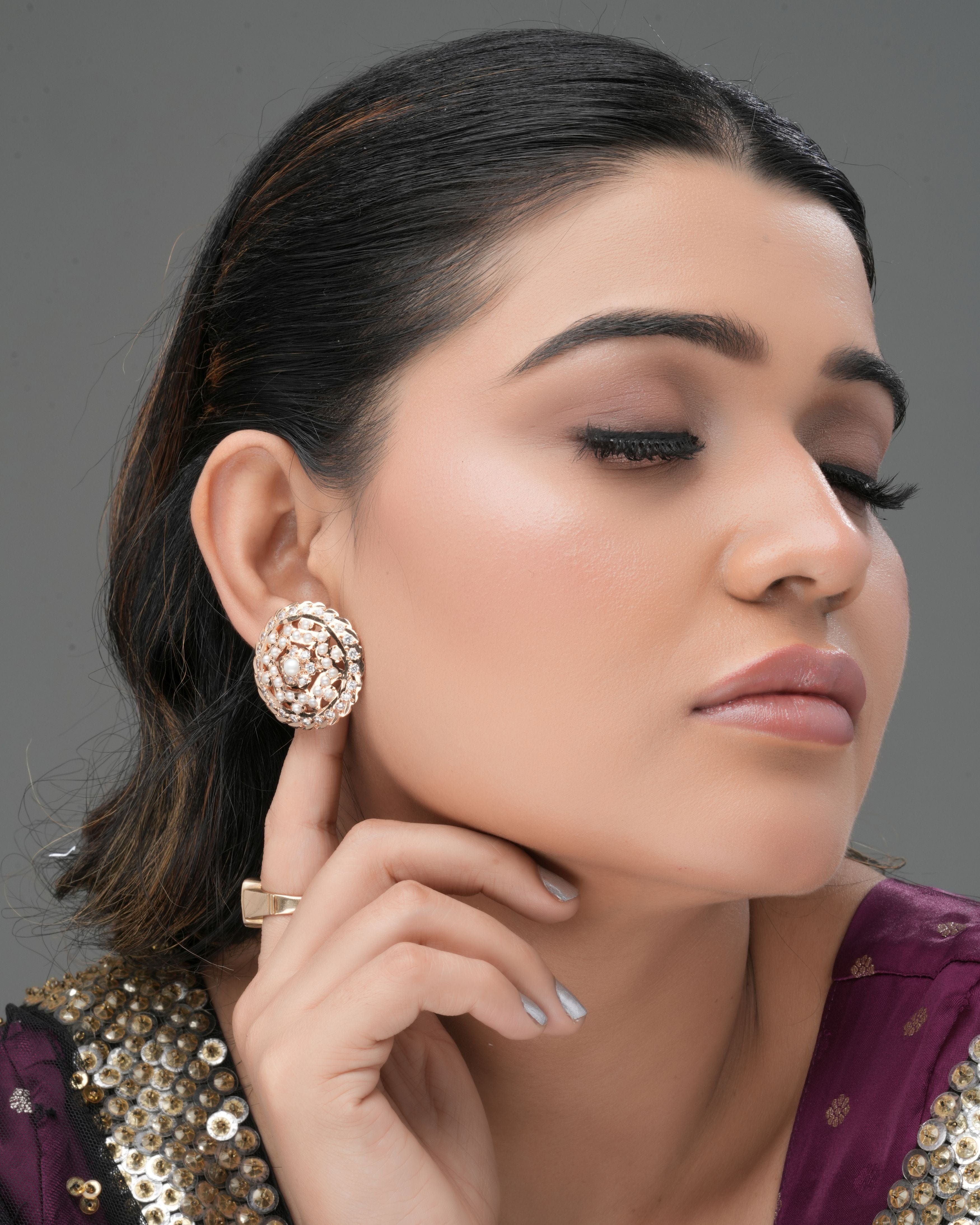 Handmade Jadau Pearl & Crystal Dome Stud Earrings