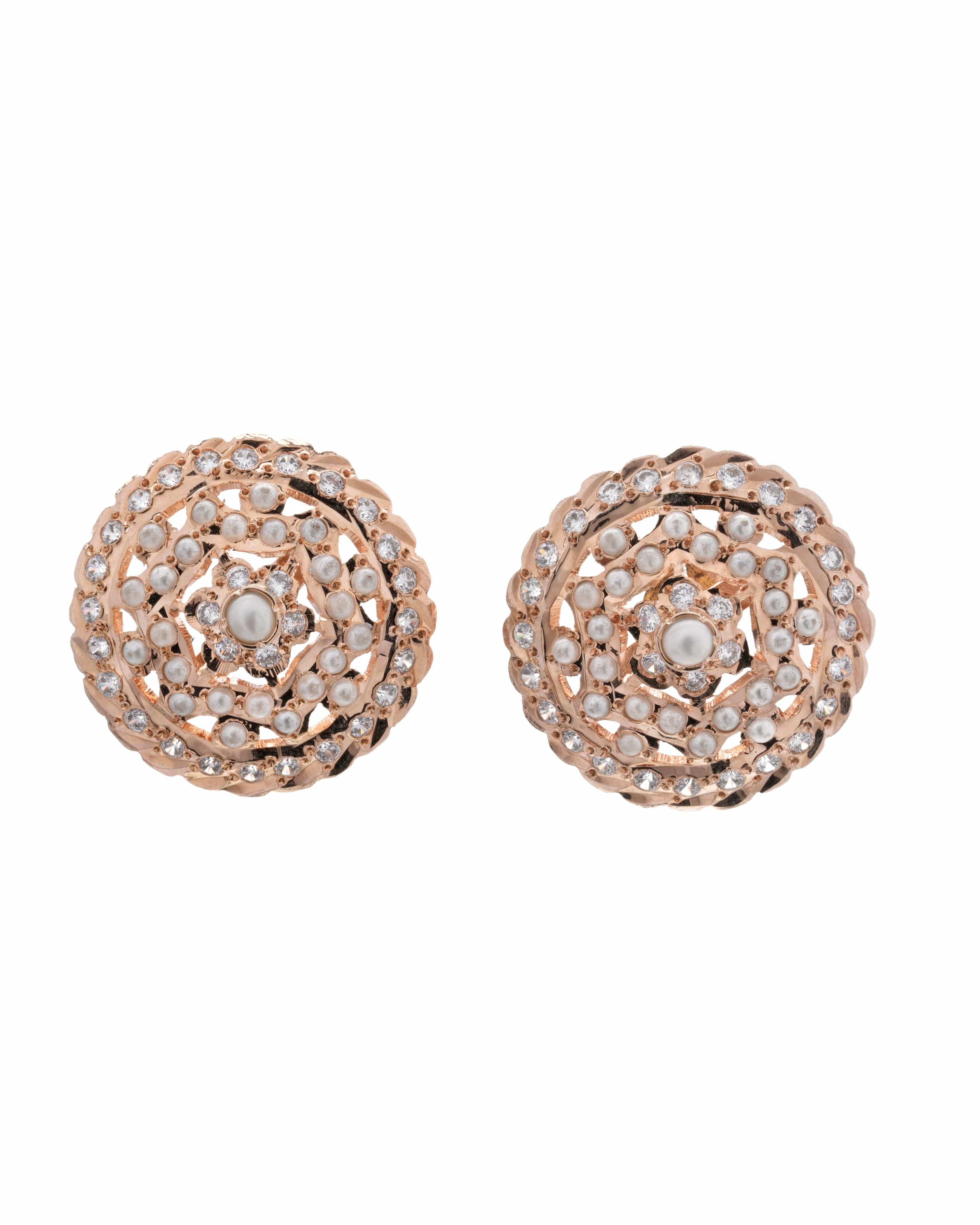 Handmade Jadau Pearl & Crystal Dome Stud Earrings