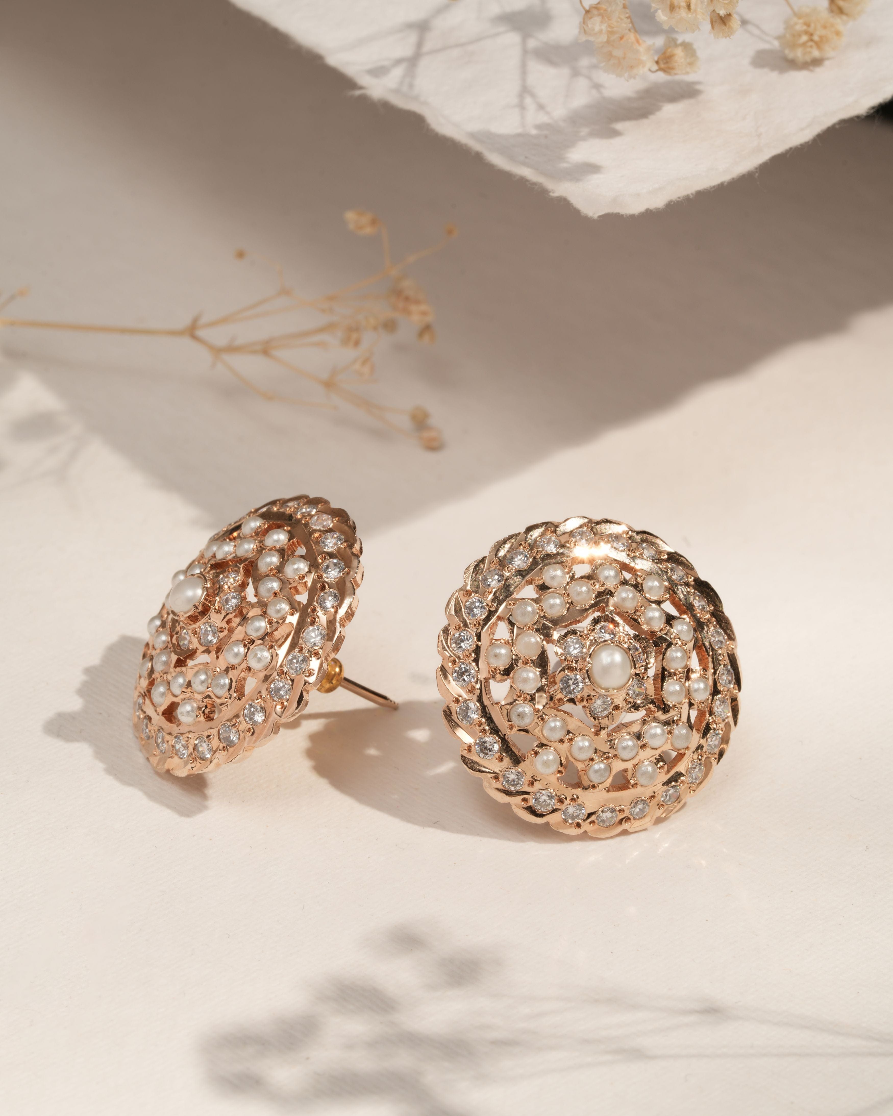 Handmade Jadau Pearl & Crystal Dome Stud Earrings