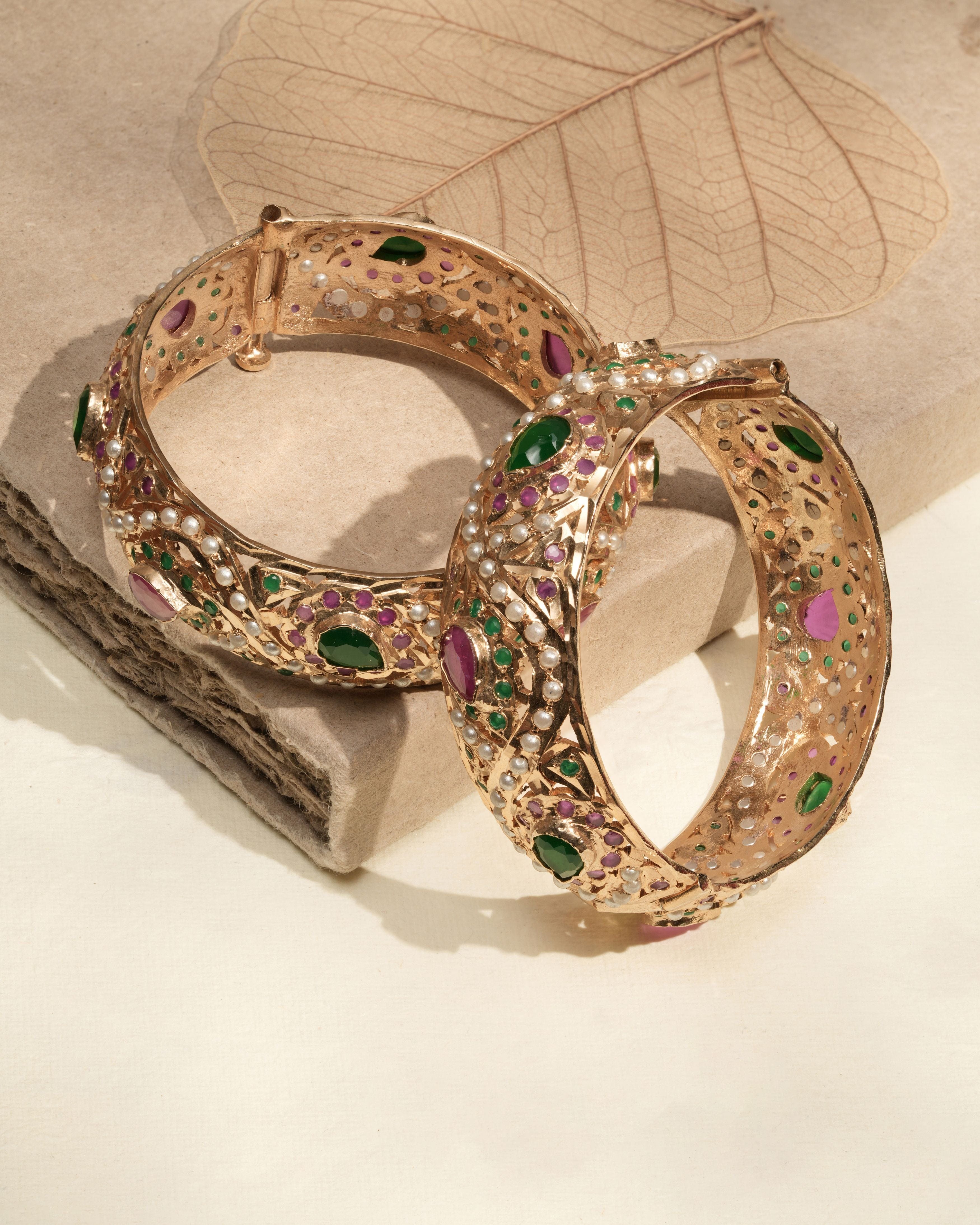 Handmade Royal Heritage Semi Precious Stone & Pearl Bangles (Pair)