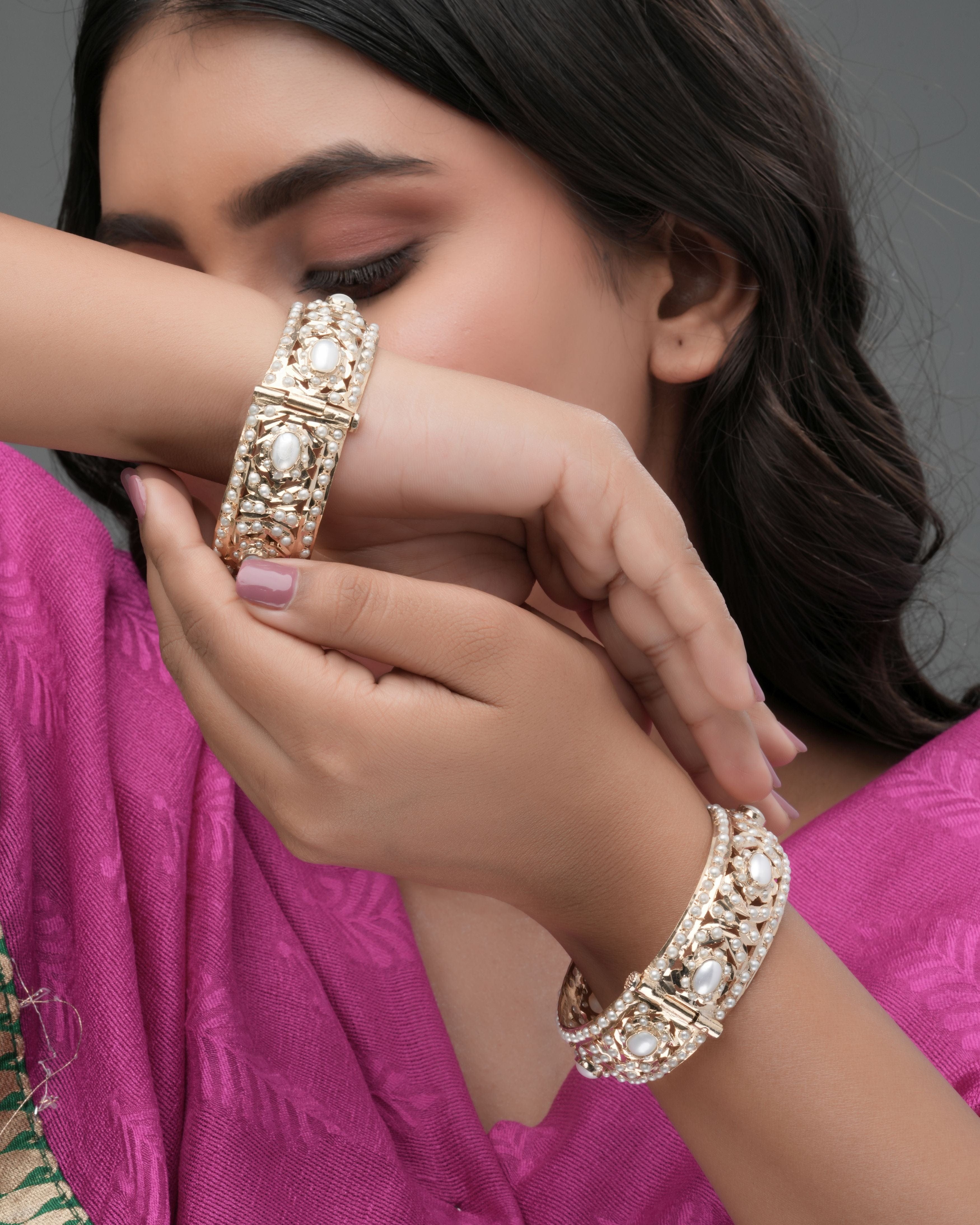 Handmade Pearl Royale Bangles with Gold-Tone Finish (Pair)