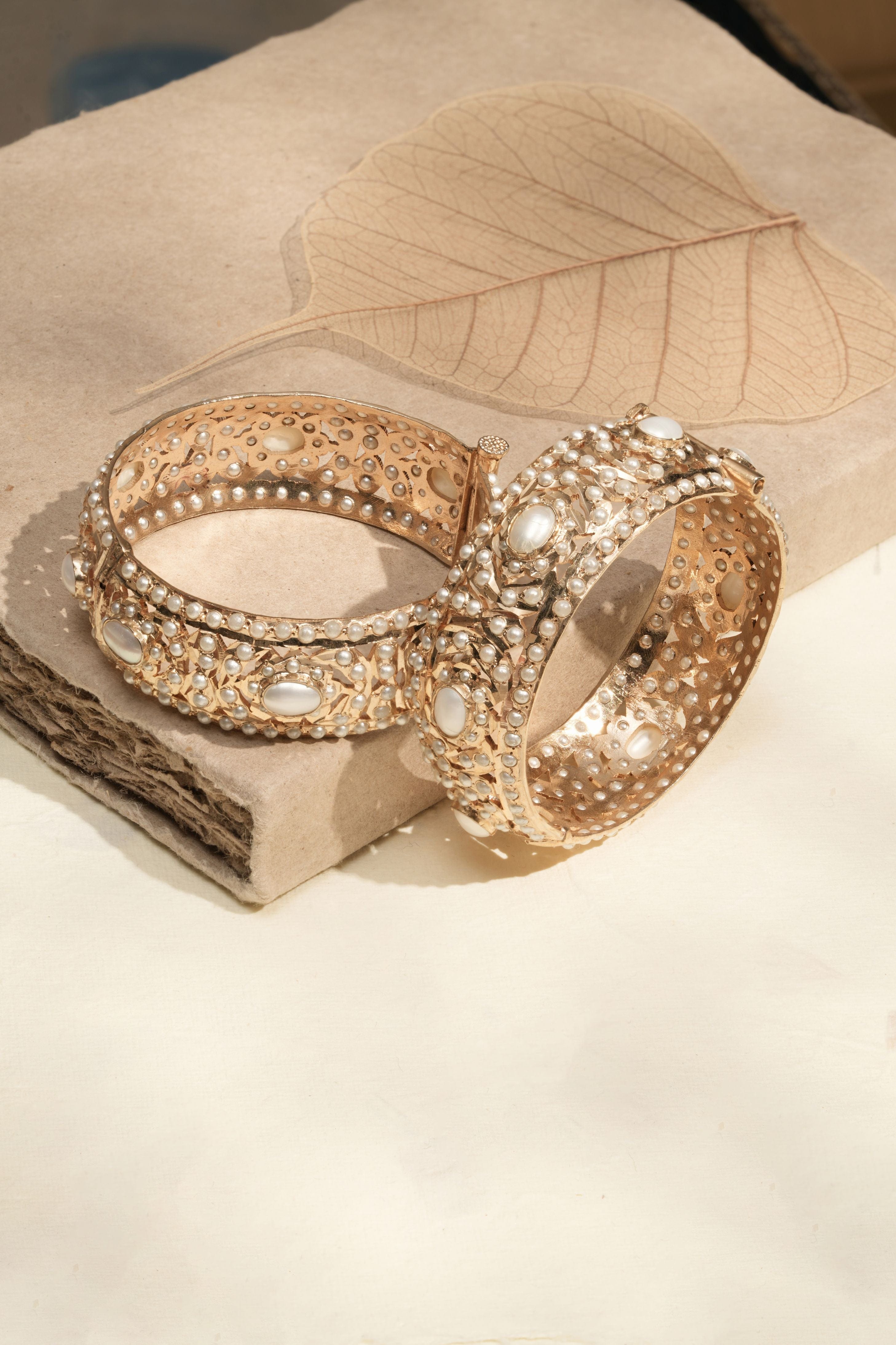 Handmade Pearl Royale Bangles with Gold-Tone Finish (Pair)