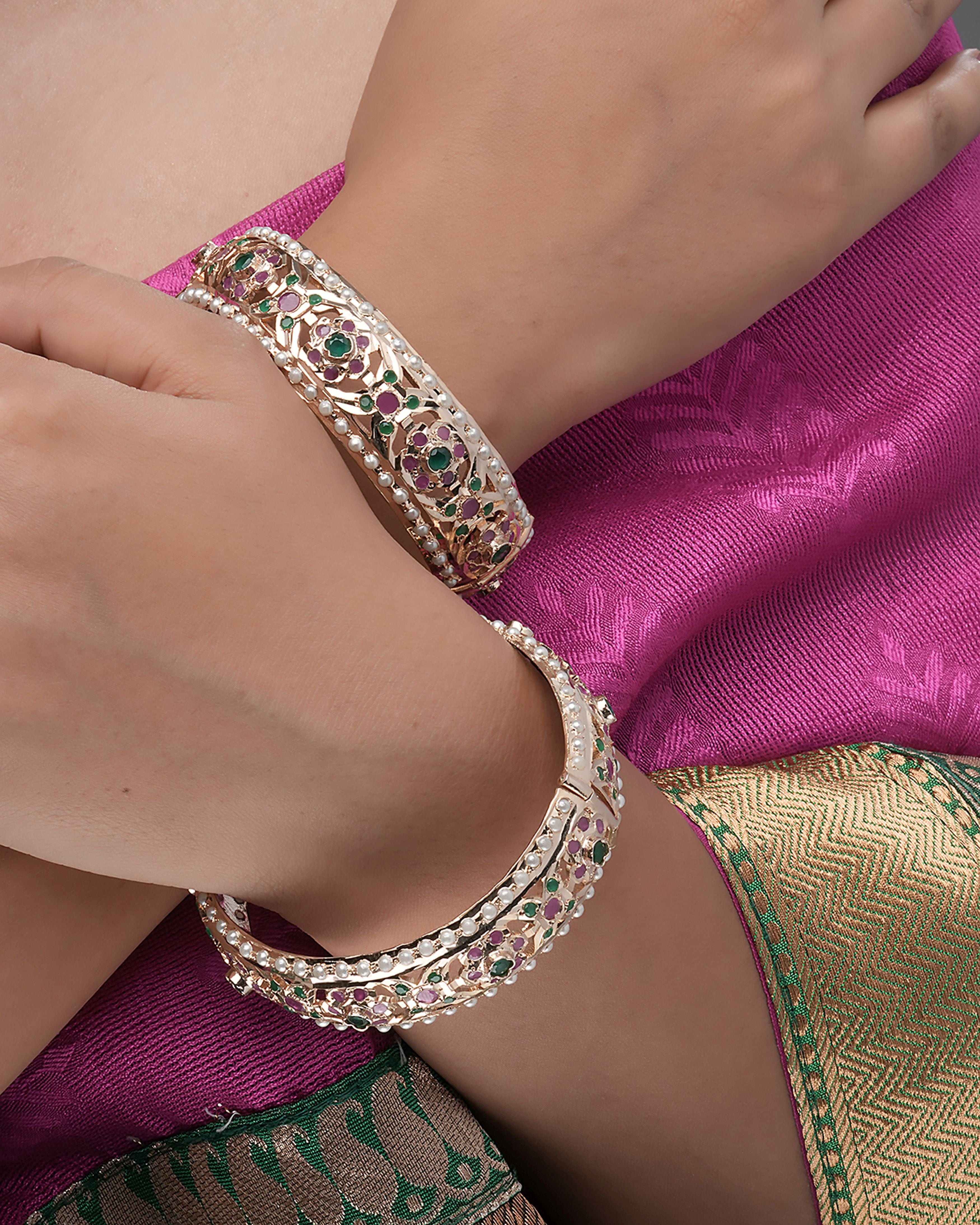 Handmade Polki Blossom Jadau Hinged Bangles with Fuchsia & Green Semi Precious Stones