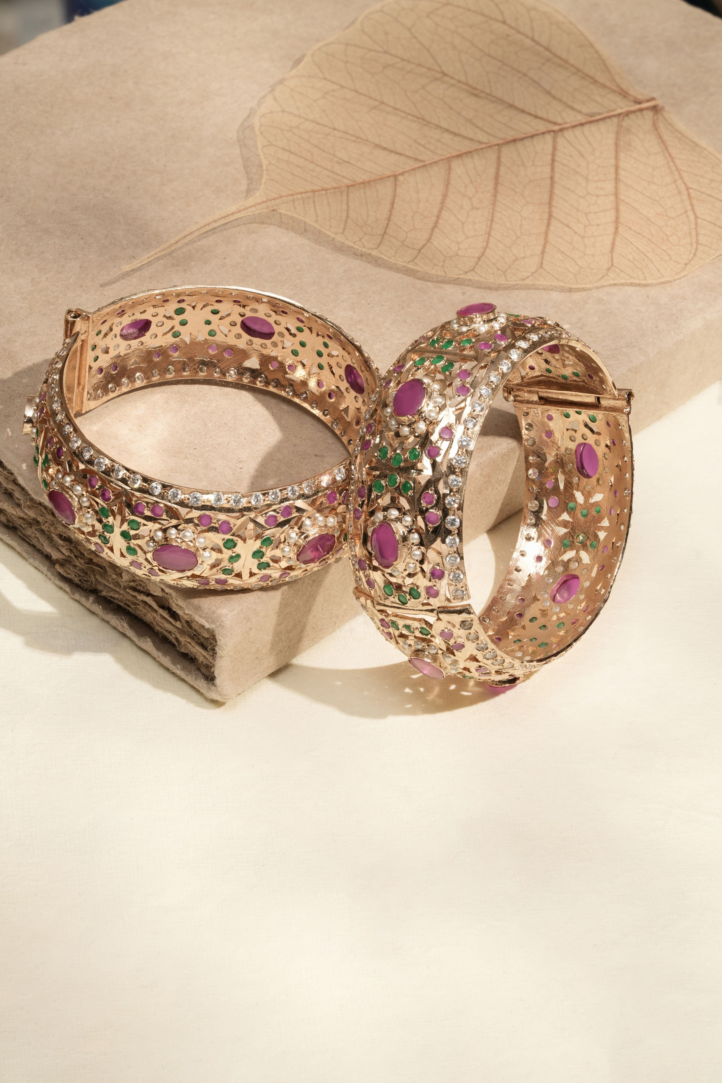Handmade Polki Blossom Jadau Hinged Bangles with Fuchsia & Green Semi Precious Stones
