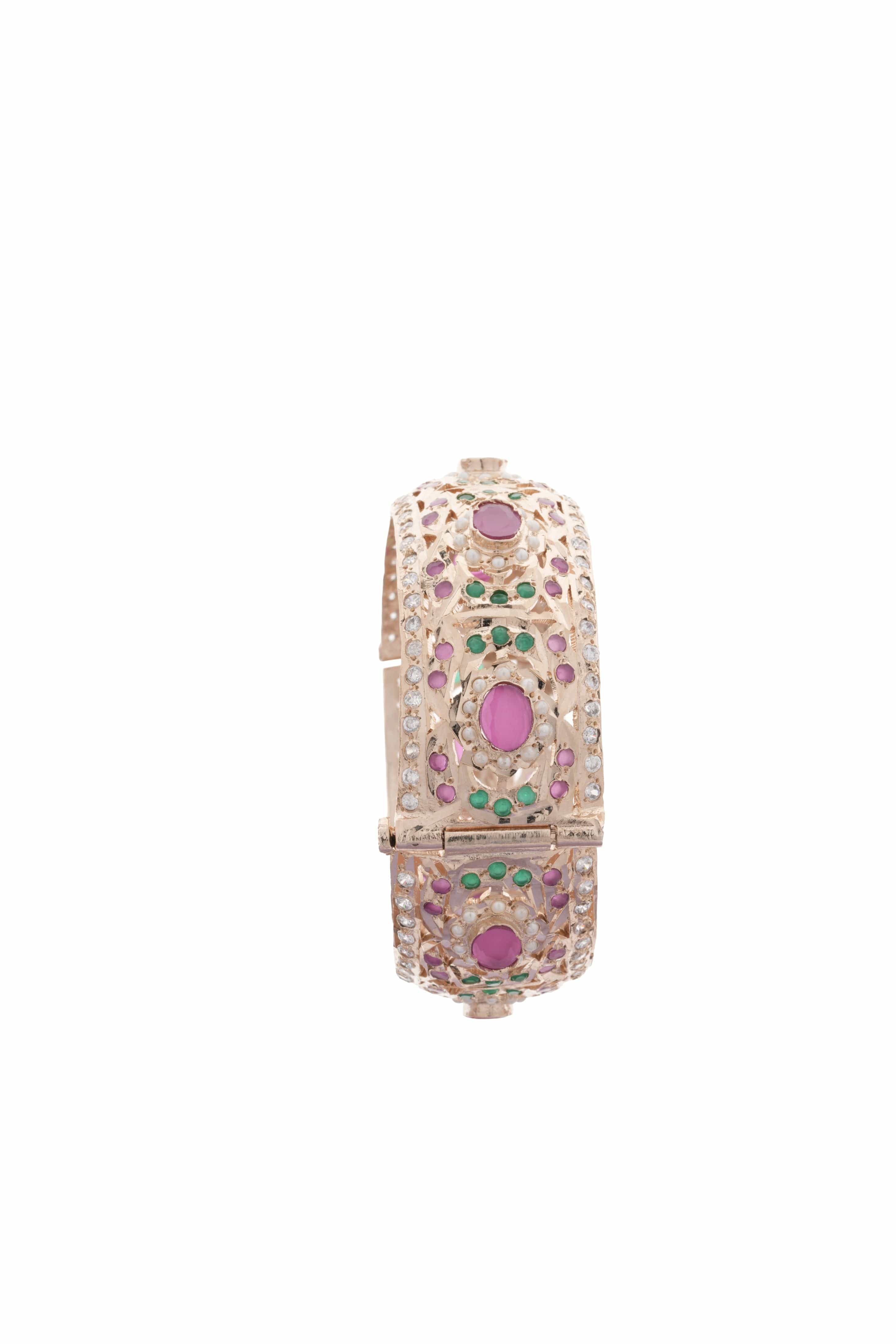 Handmade Polki Blossom Jadau Hinged Bangles with Fuchsia & Green Semi Precious Stones