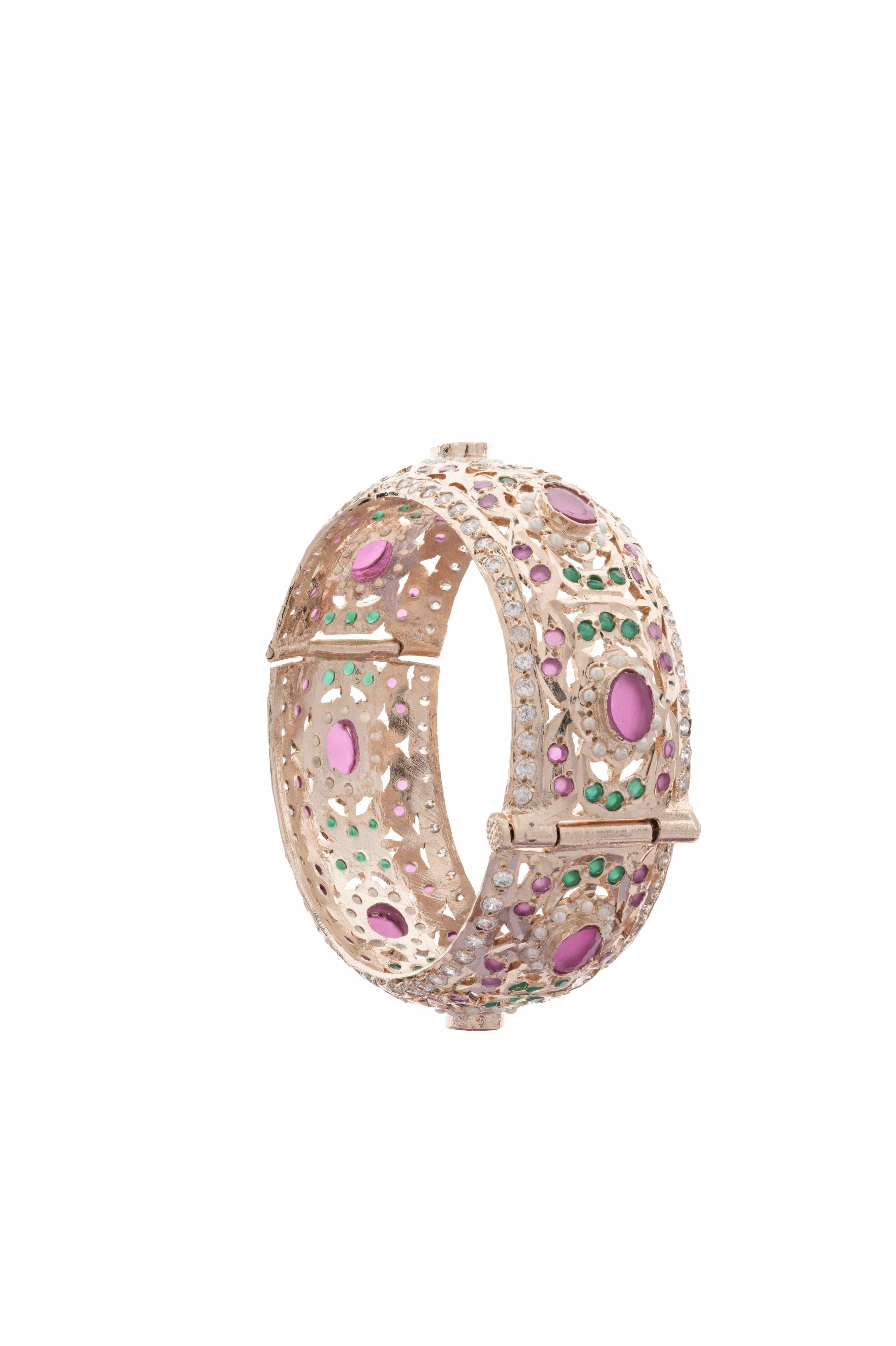 Handmade Polki Blossom Jadau Hinged Bangles with Fuchsia & Green Semi Precious Stones