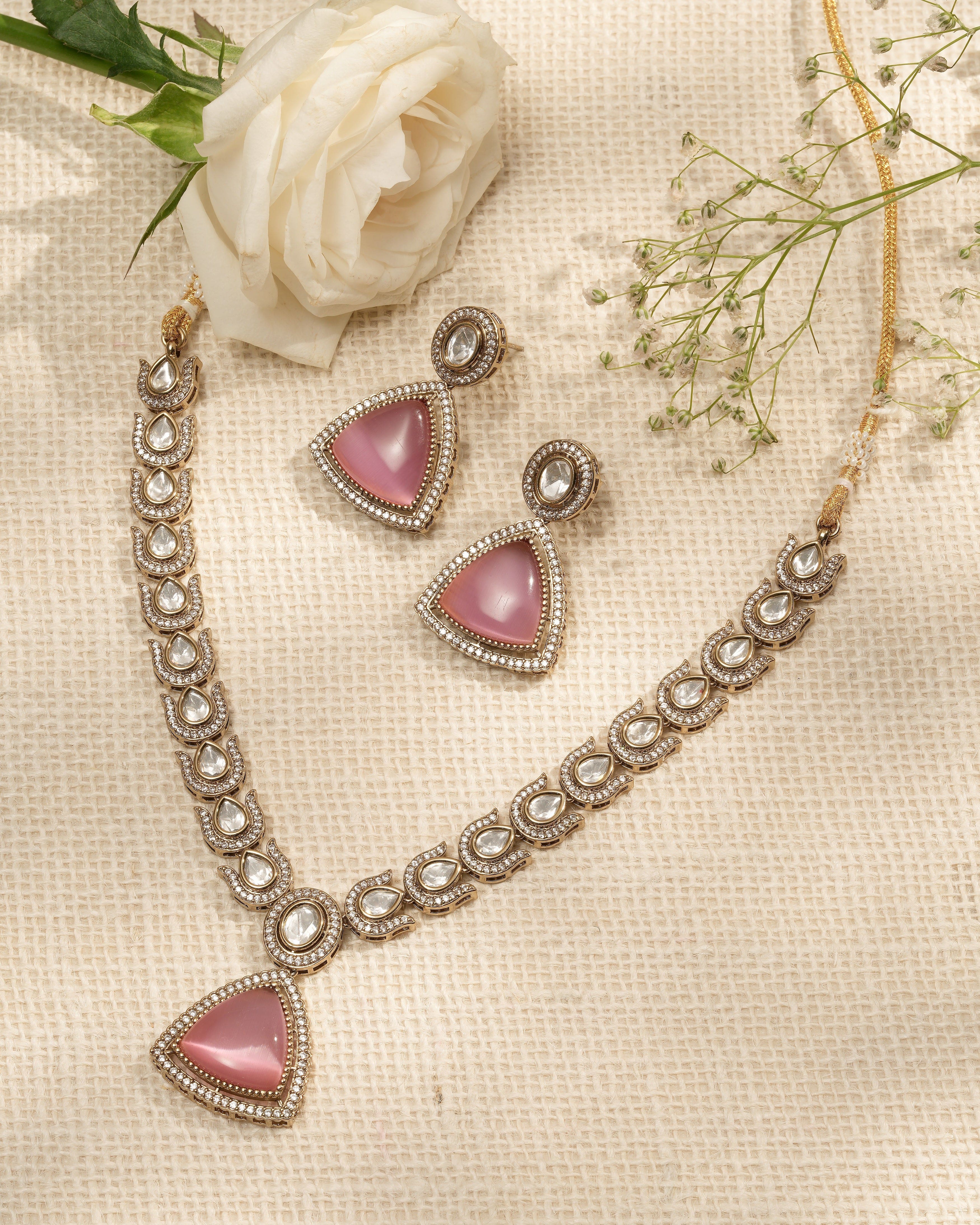 Blush Teardrop – Pink Pendant & CZ Stone Choker Necklace