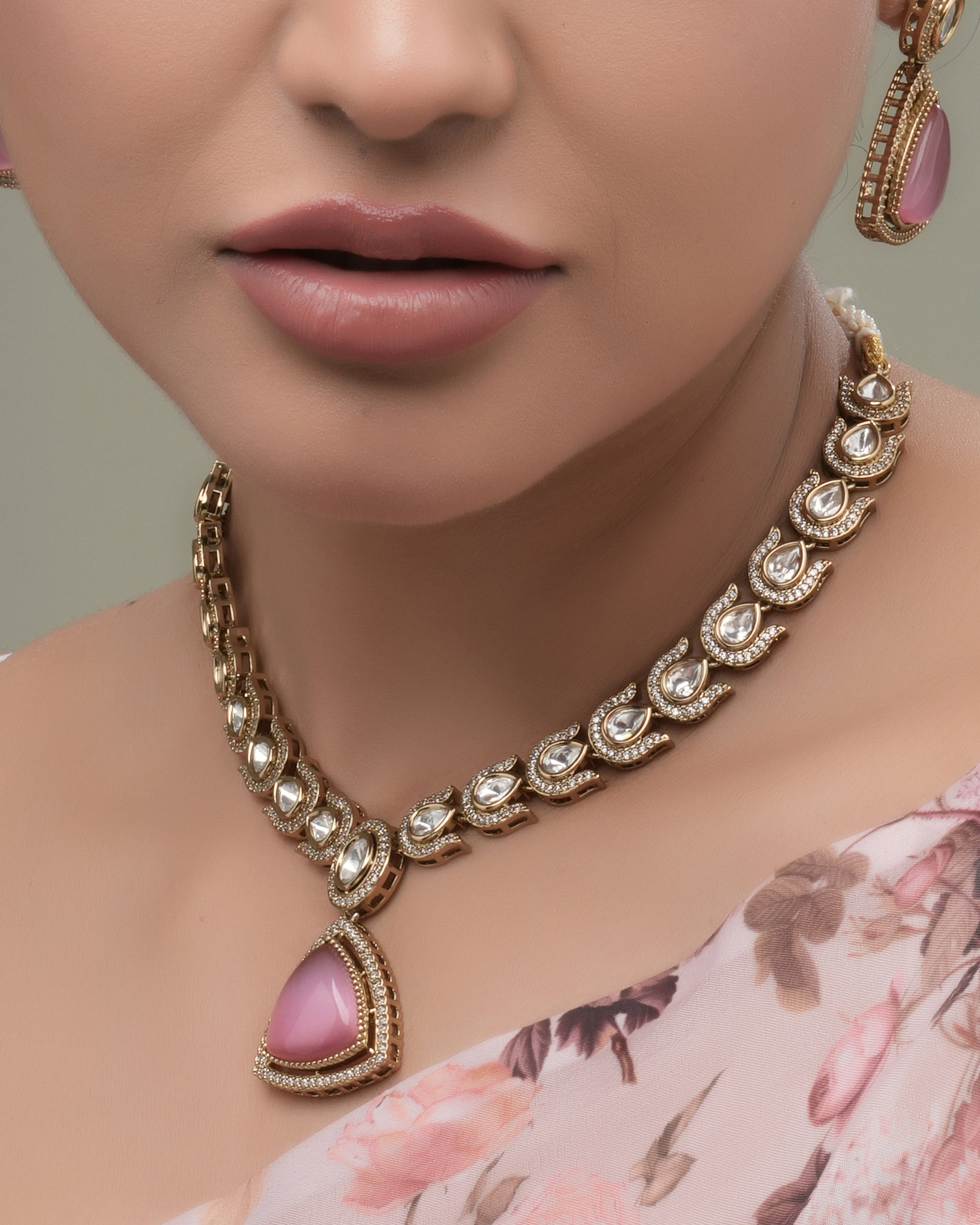 Blush Teardrop – Pink Pendant & CZ Stone Choker Necklace