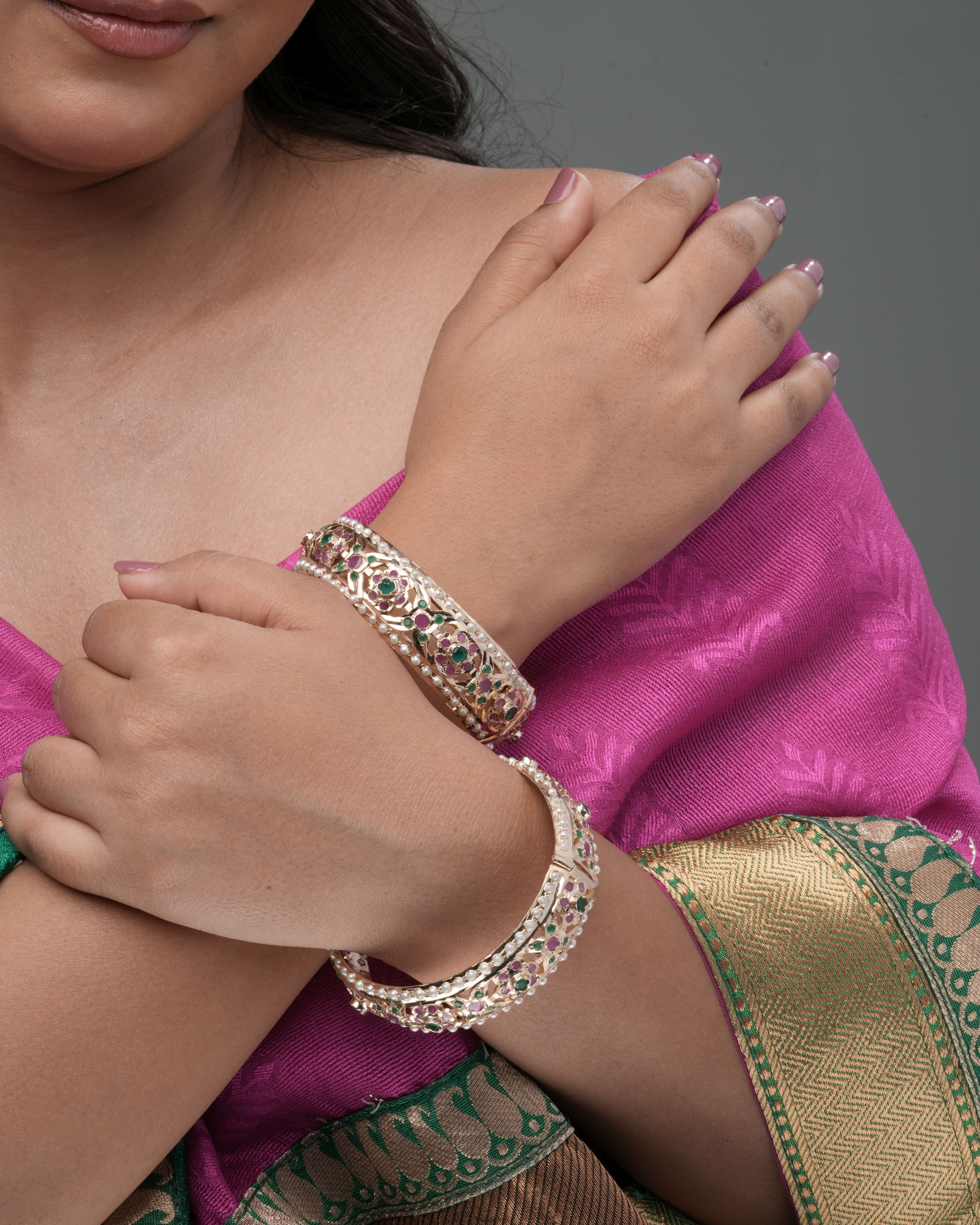 Handmade Dual Polki-Style Hinged Bangles with Pearl Border