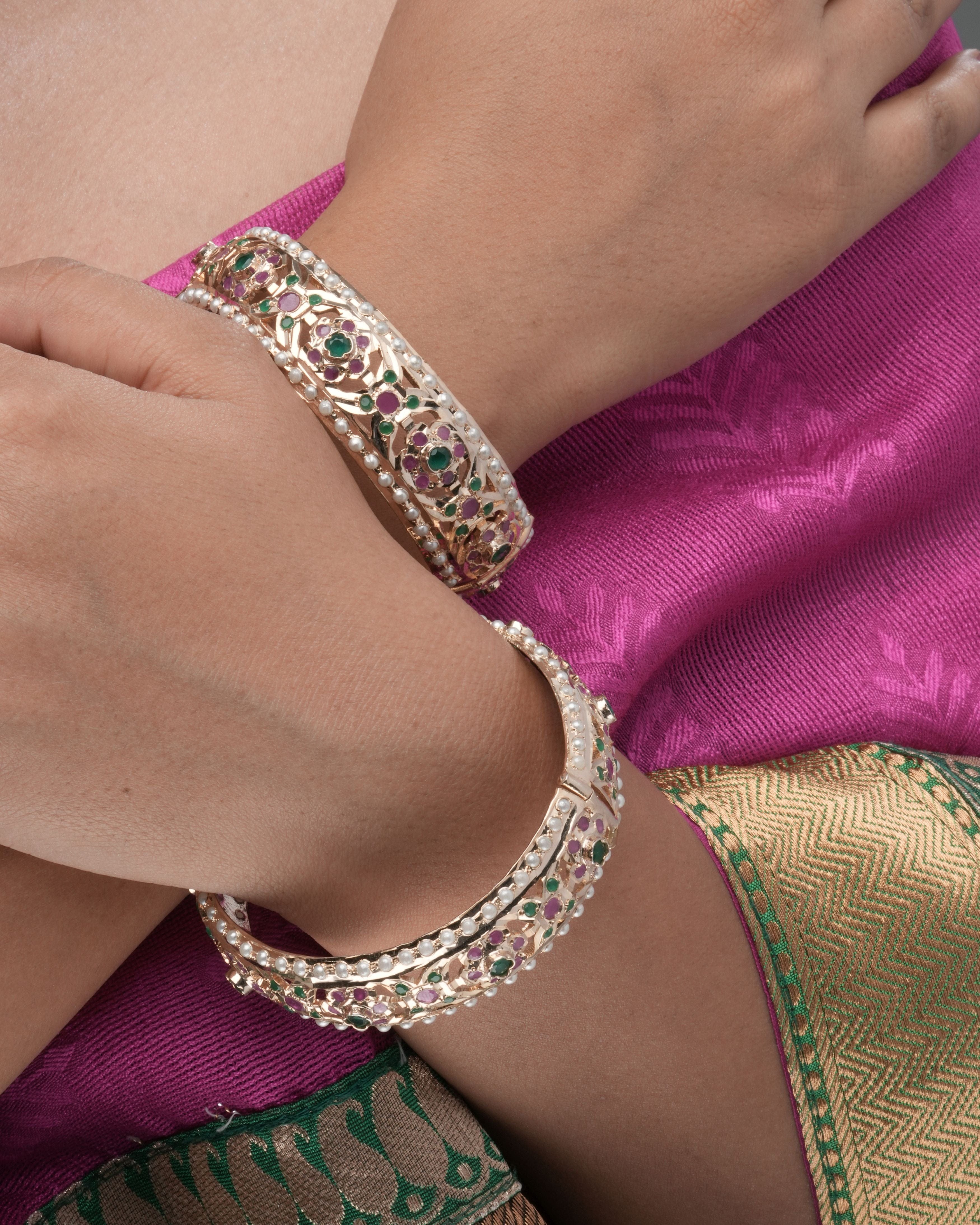 Handmade Dual Polki-Style Hinged Bangles with Pearl Border
