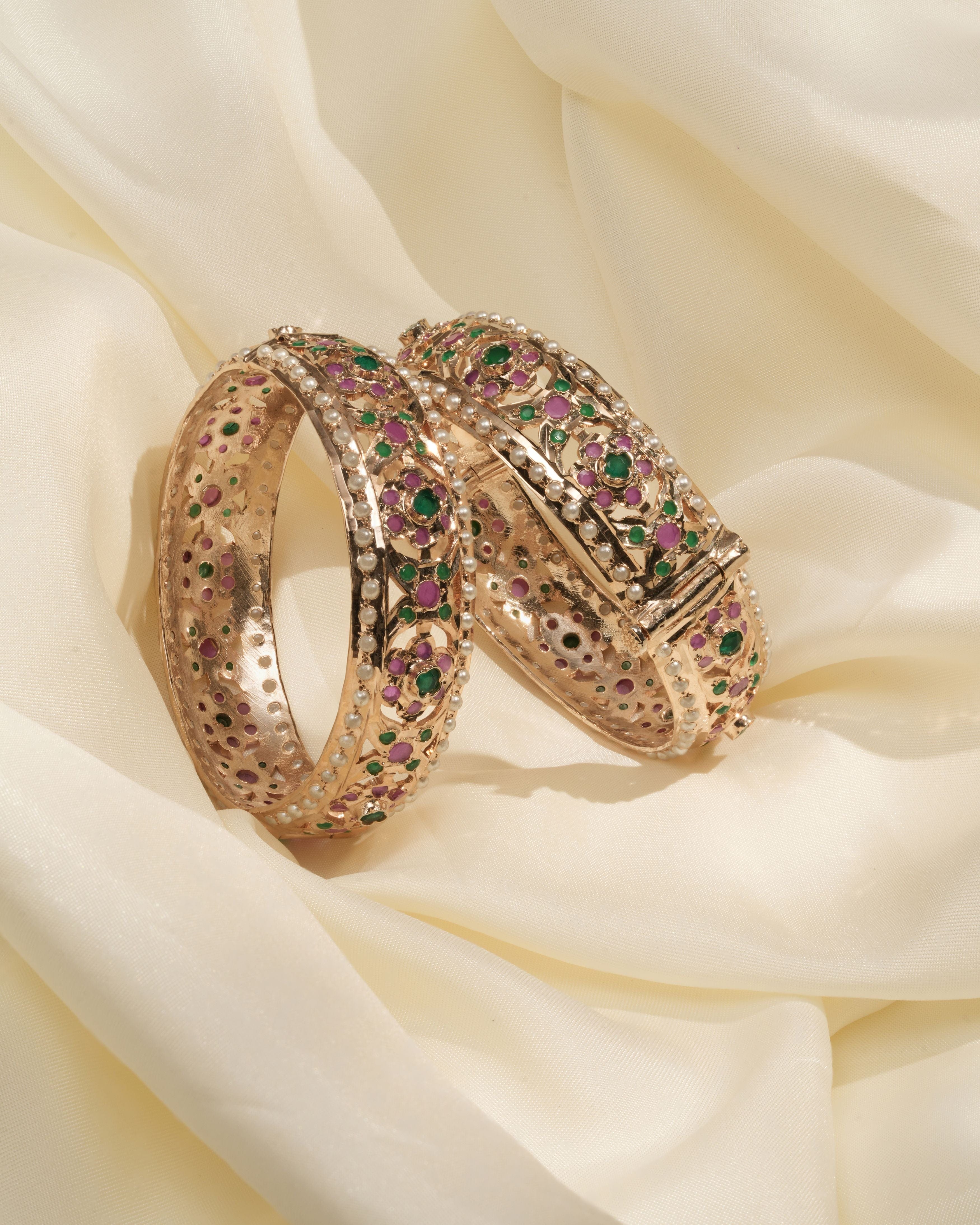 Handmade Dual Polki-Style Hinged Bangles with Pearl Border