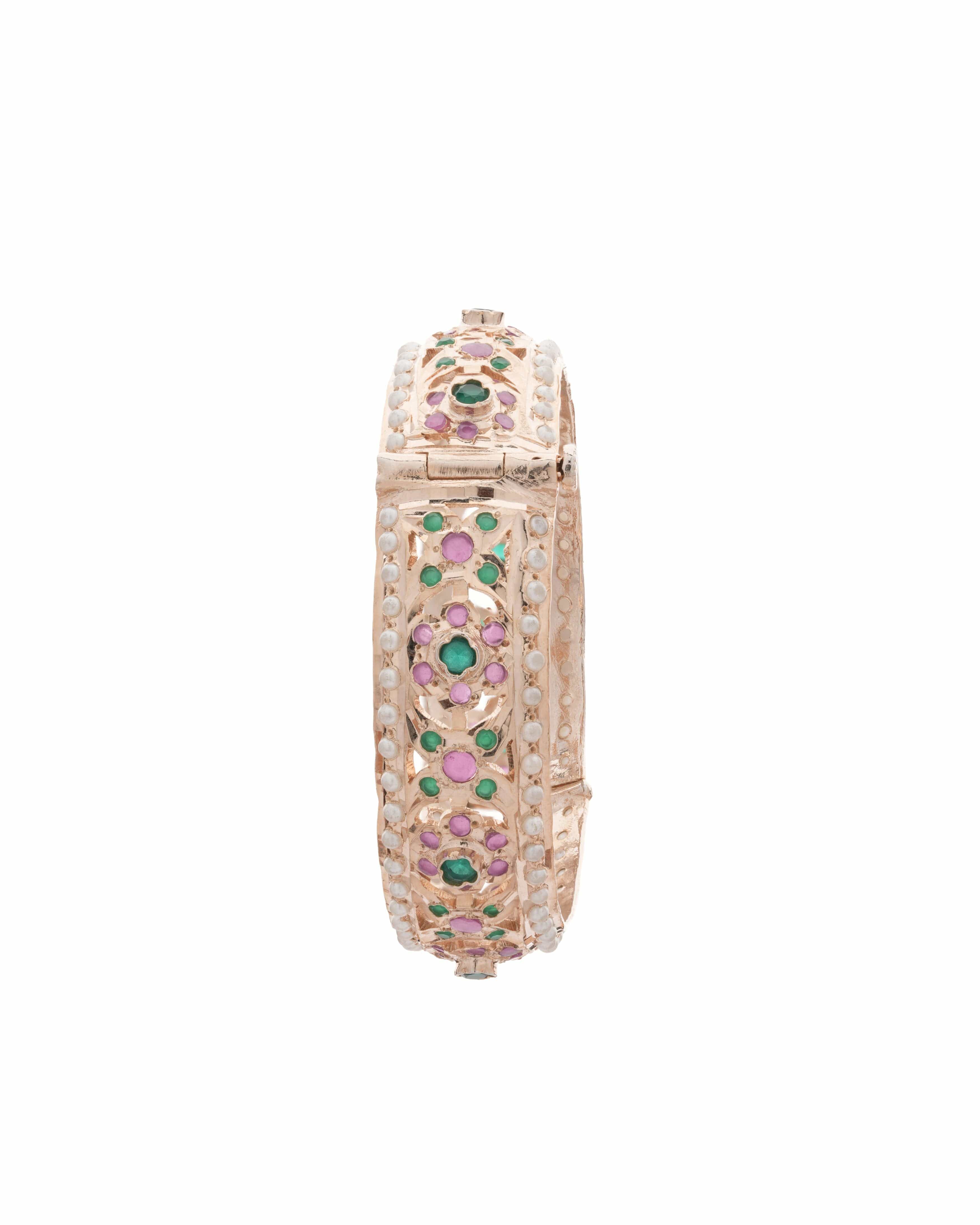 Handmade Dual Polki-Style Hinged Bangles with Pearl Border