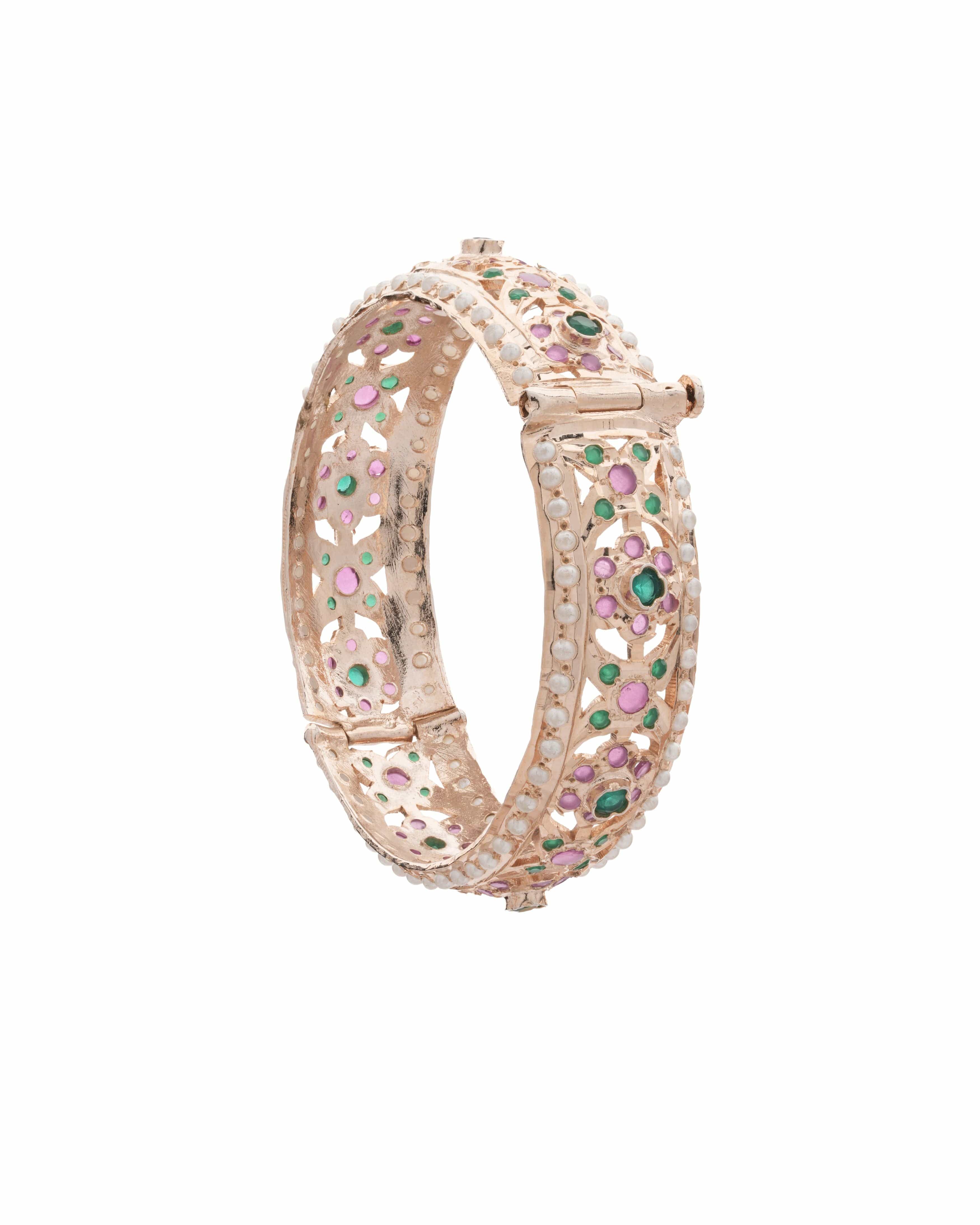 Handmade Dual Polki-Style Hinged Bangles with Pearl Border