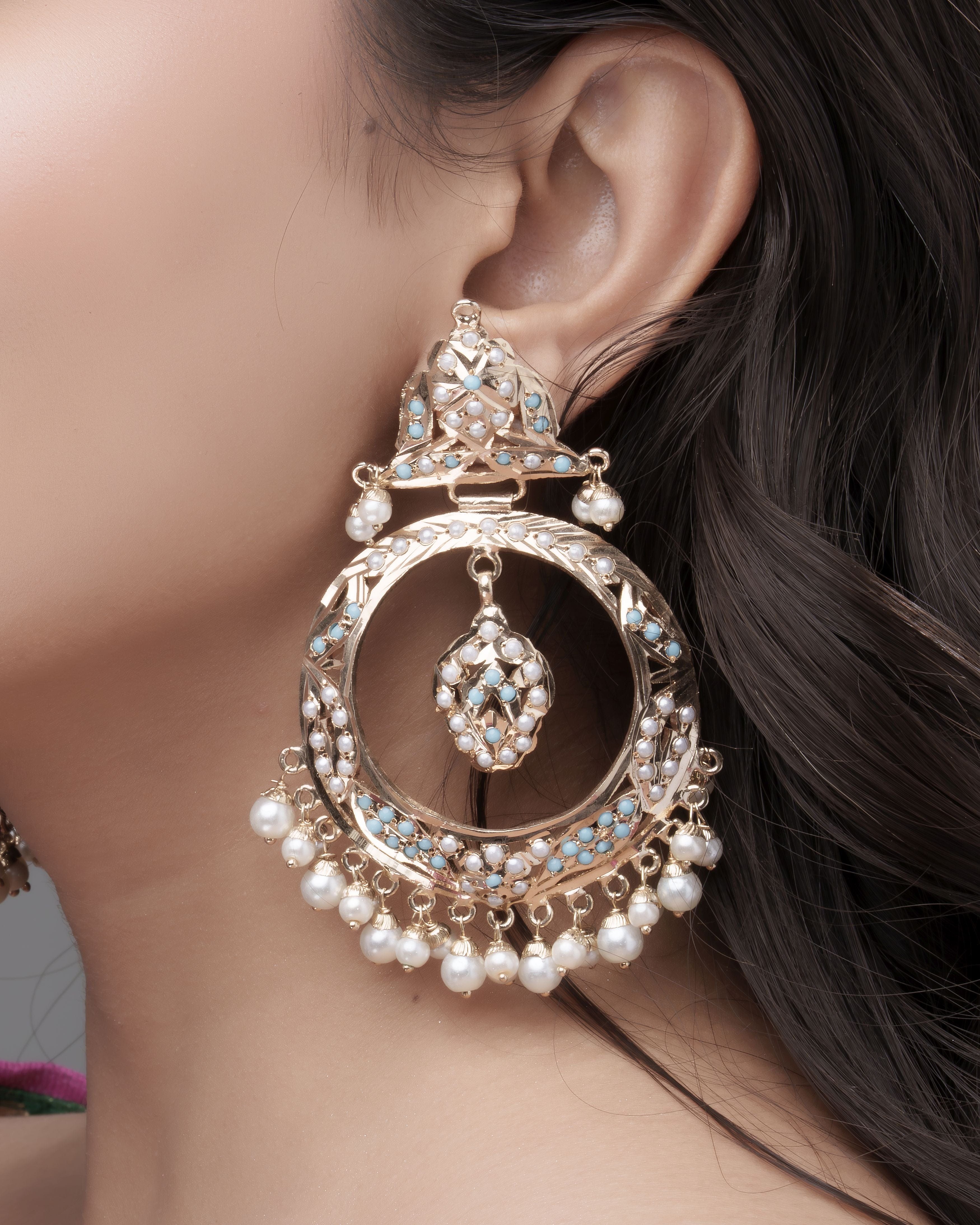 Handmade Teal Symphony Jadau Hoop Earrings with Pearl Fringe