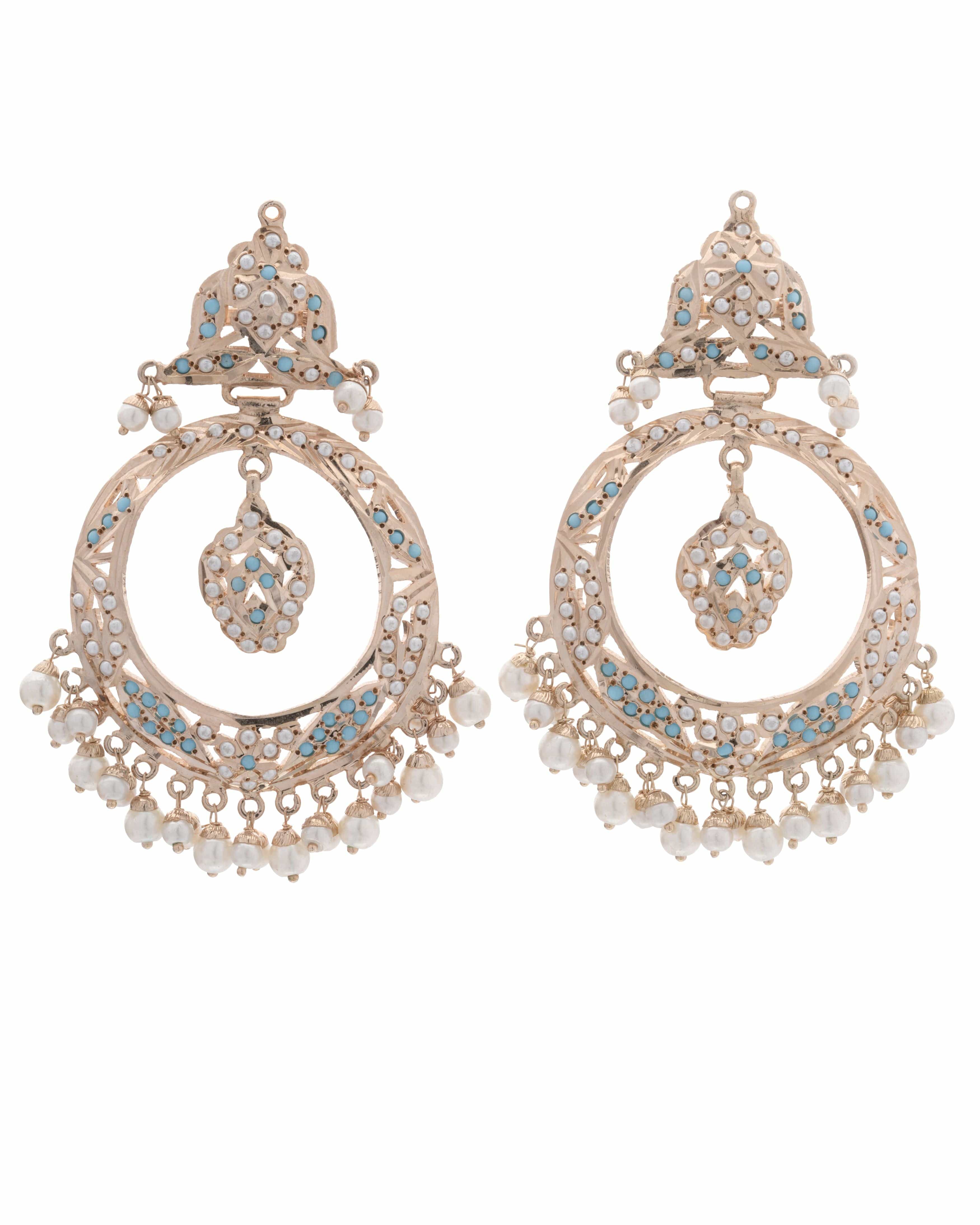 Handmade Teal Symphony Jadau Hoop Earrings with Pearl Fringe
