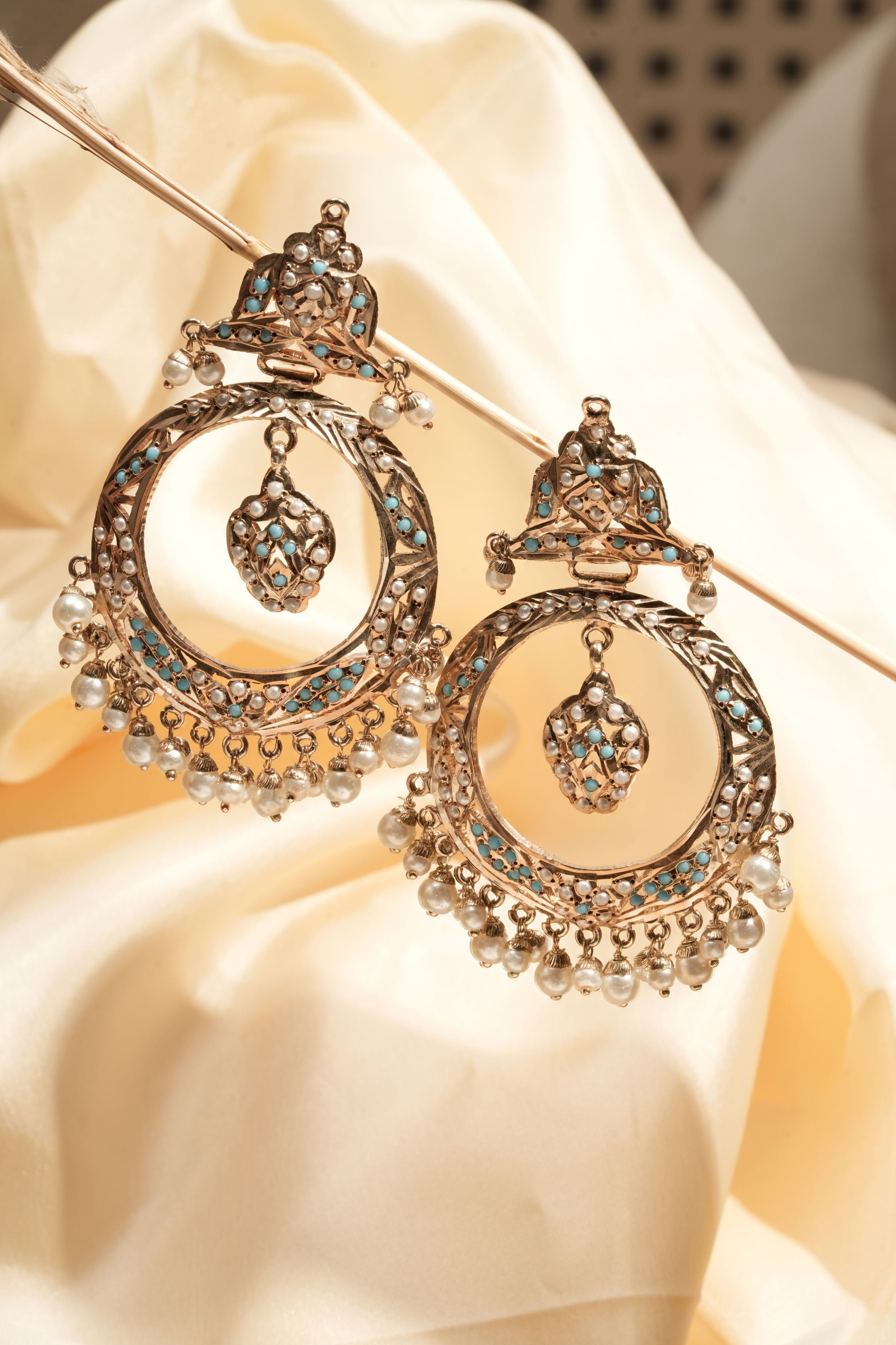 Handmade Teal Symphony Jadau Hoop Earrings with Pearl Fringe
