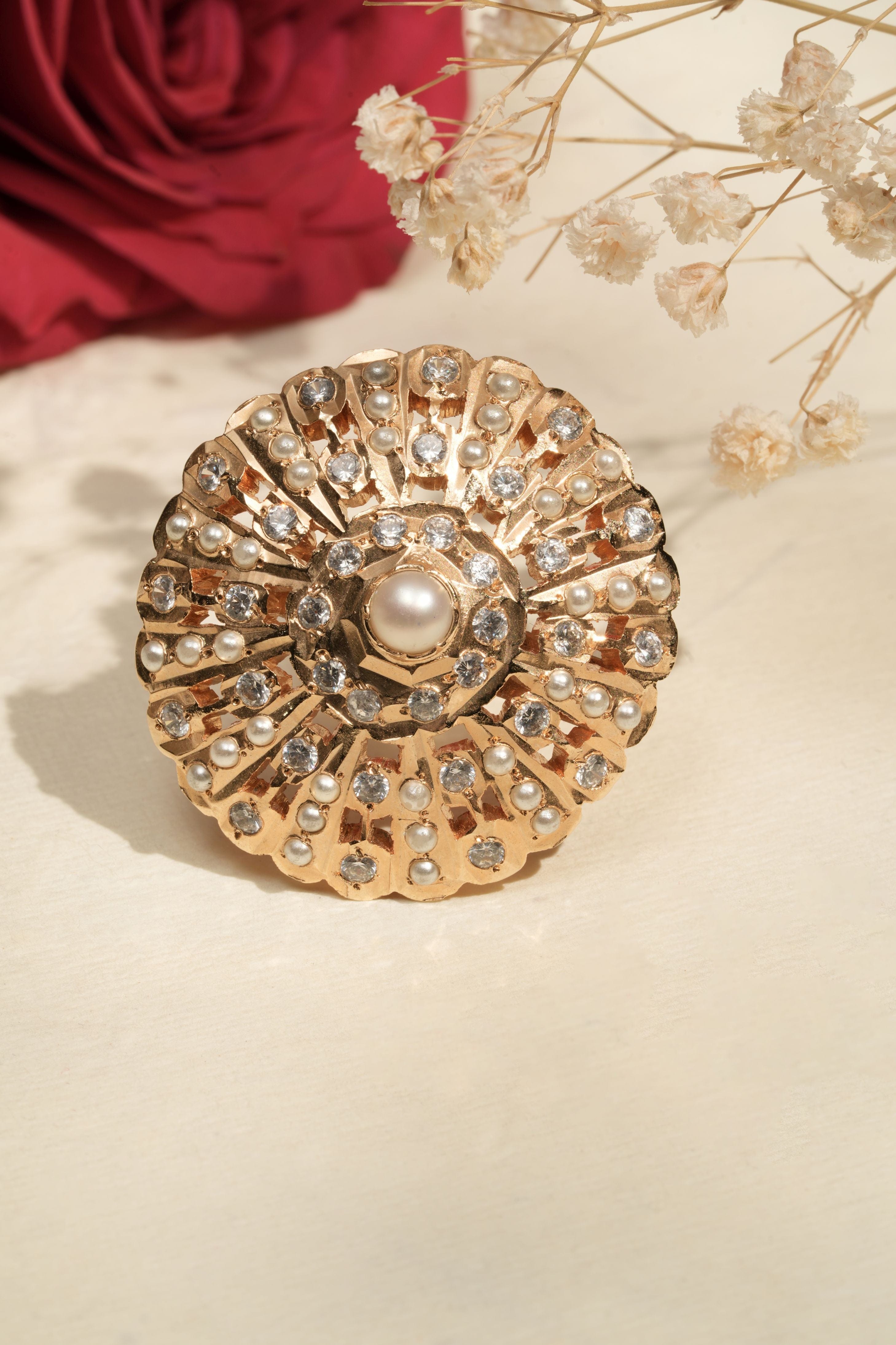 Golden Pearl Radiance Adjustable Statement Ring