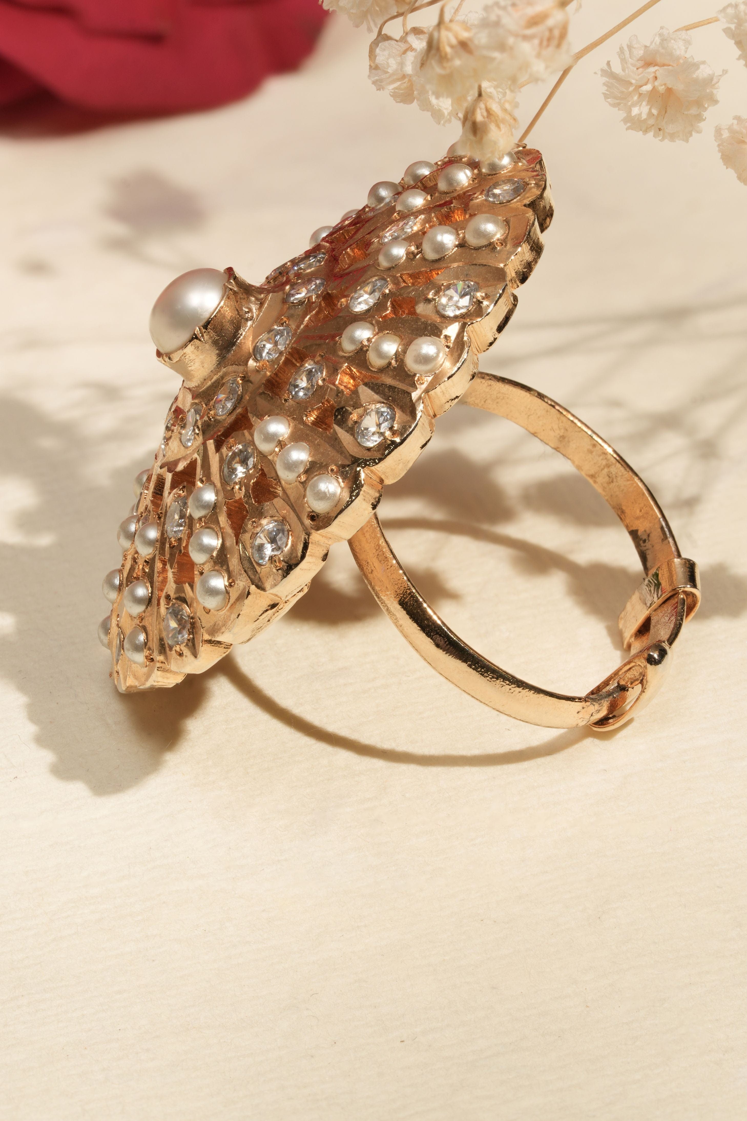 Golden Pearl Radiance Adjustable Statement Ring