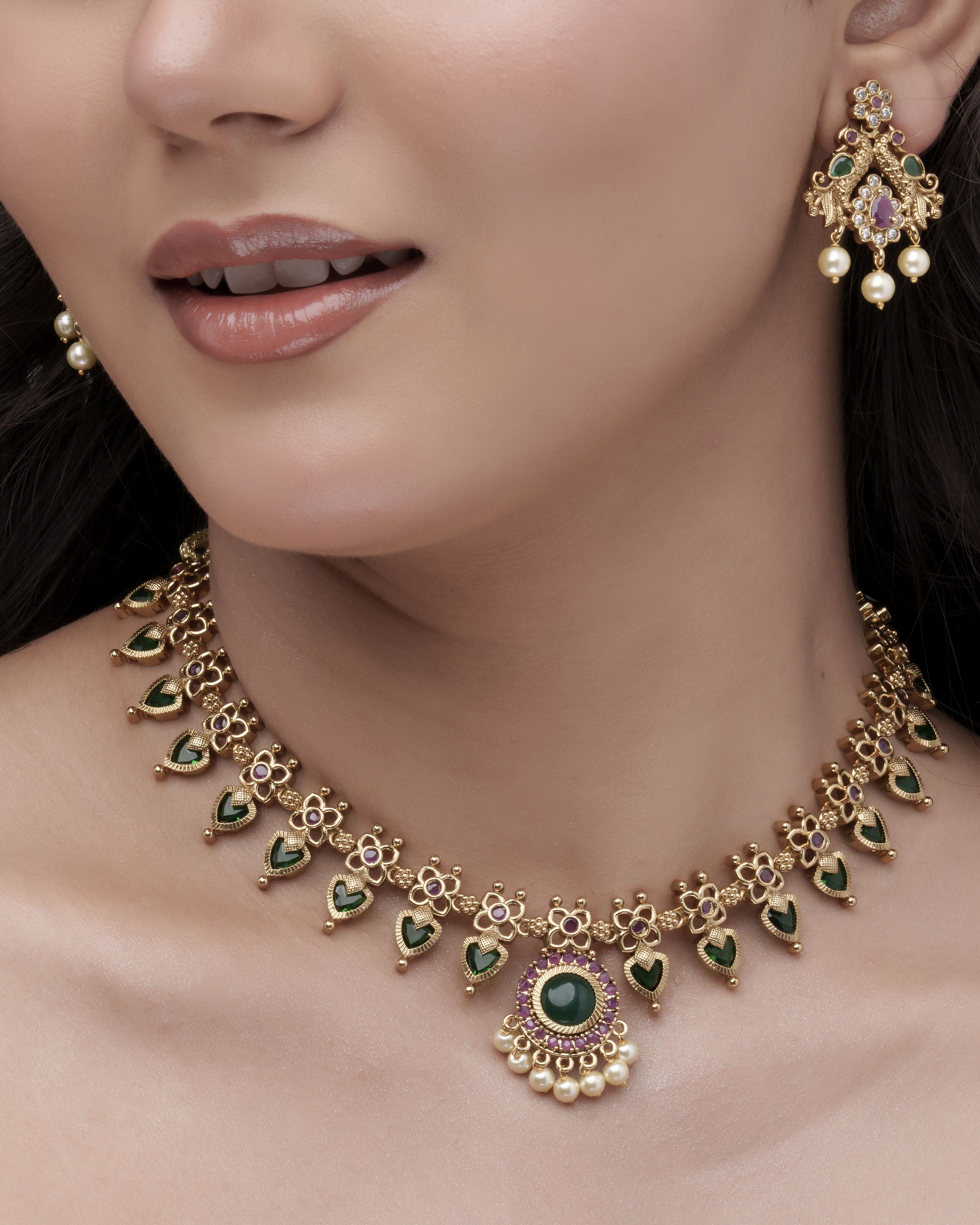 Victorian Filigree Floral Necklace & Drop Earrings Set in Gold Tone Finish