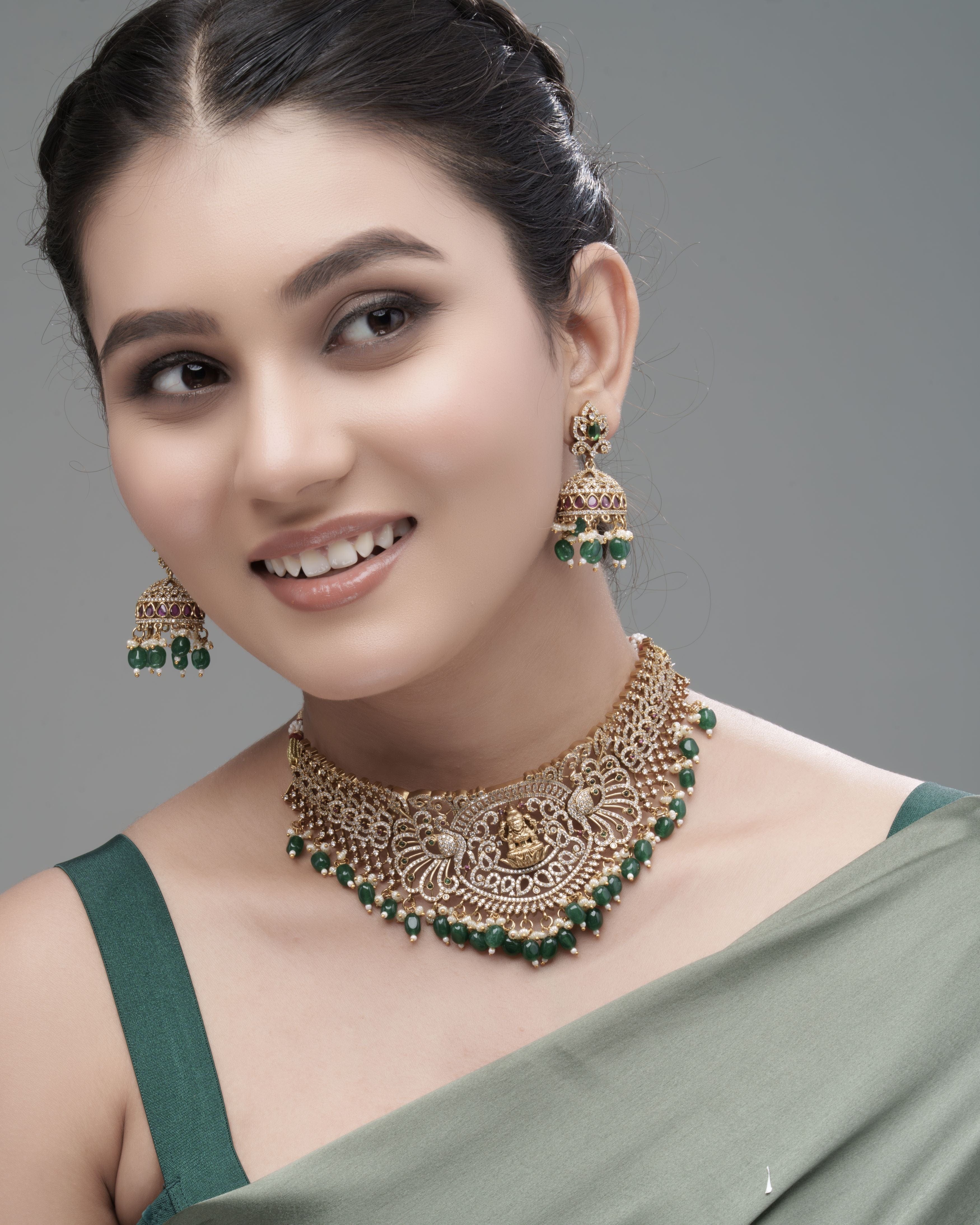 Temple Goddess CZ Adjustable Choker Necklace with Emerald Bead Drops