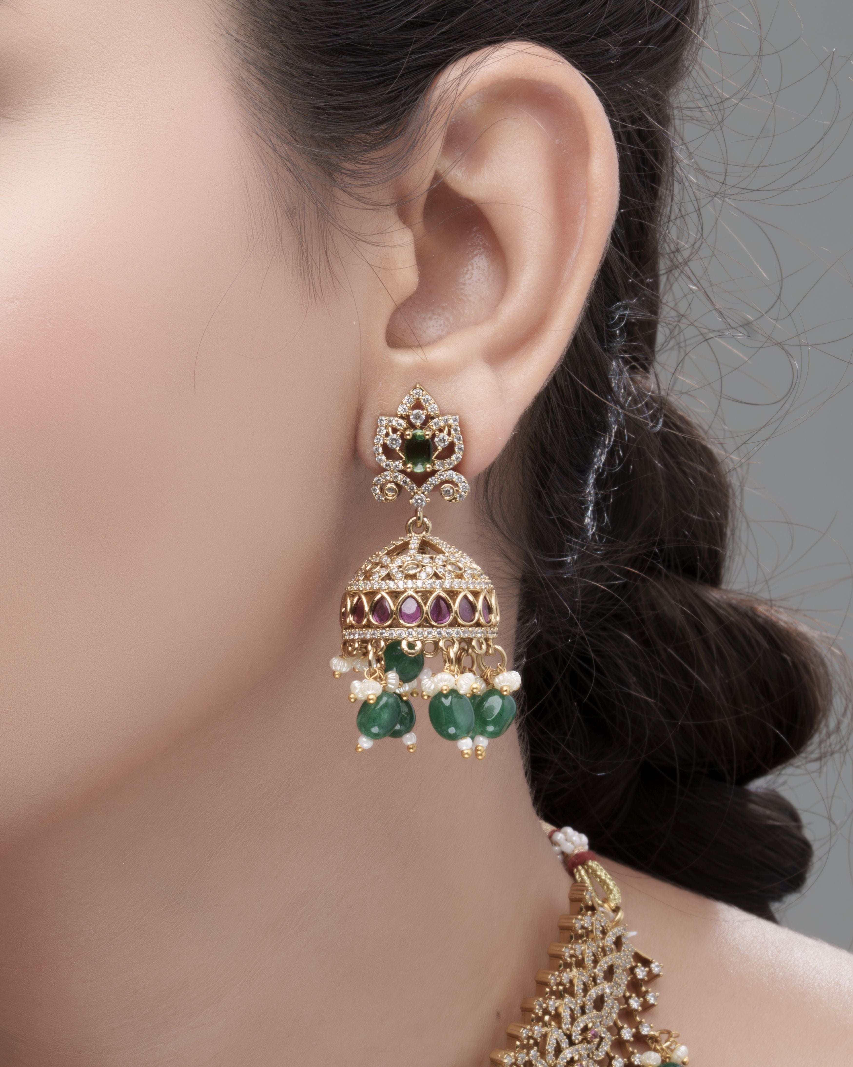 Temple Goddess CZ Adjustable Choker Necklace with Emerald Bead Drops