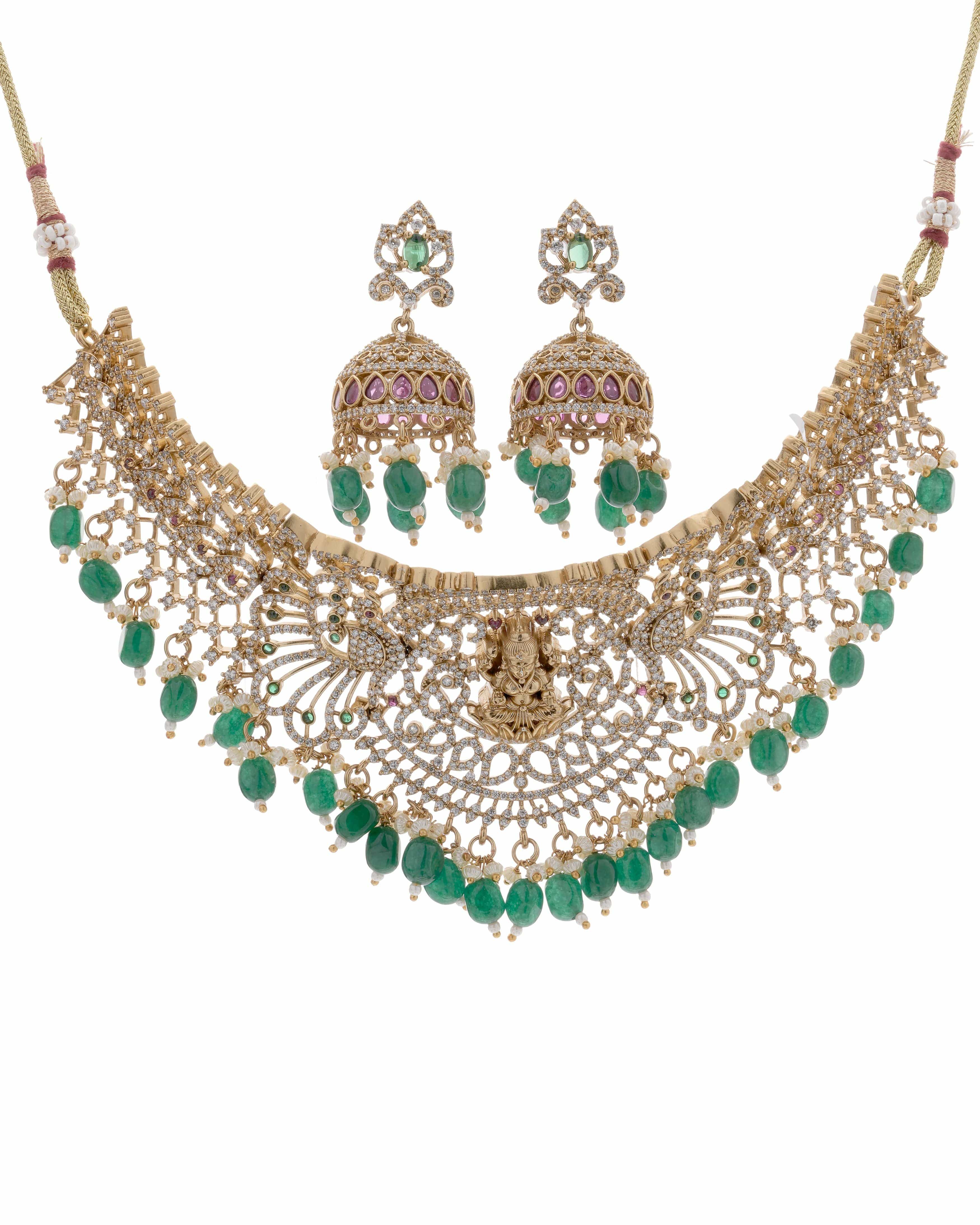 Temple Goddess CZ Adjustable Choker Necklace with Emerald Bead Drops