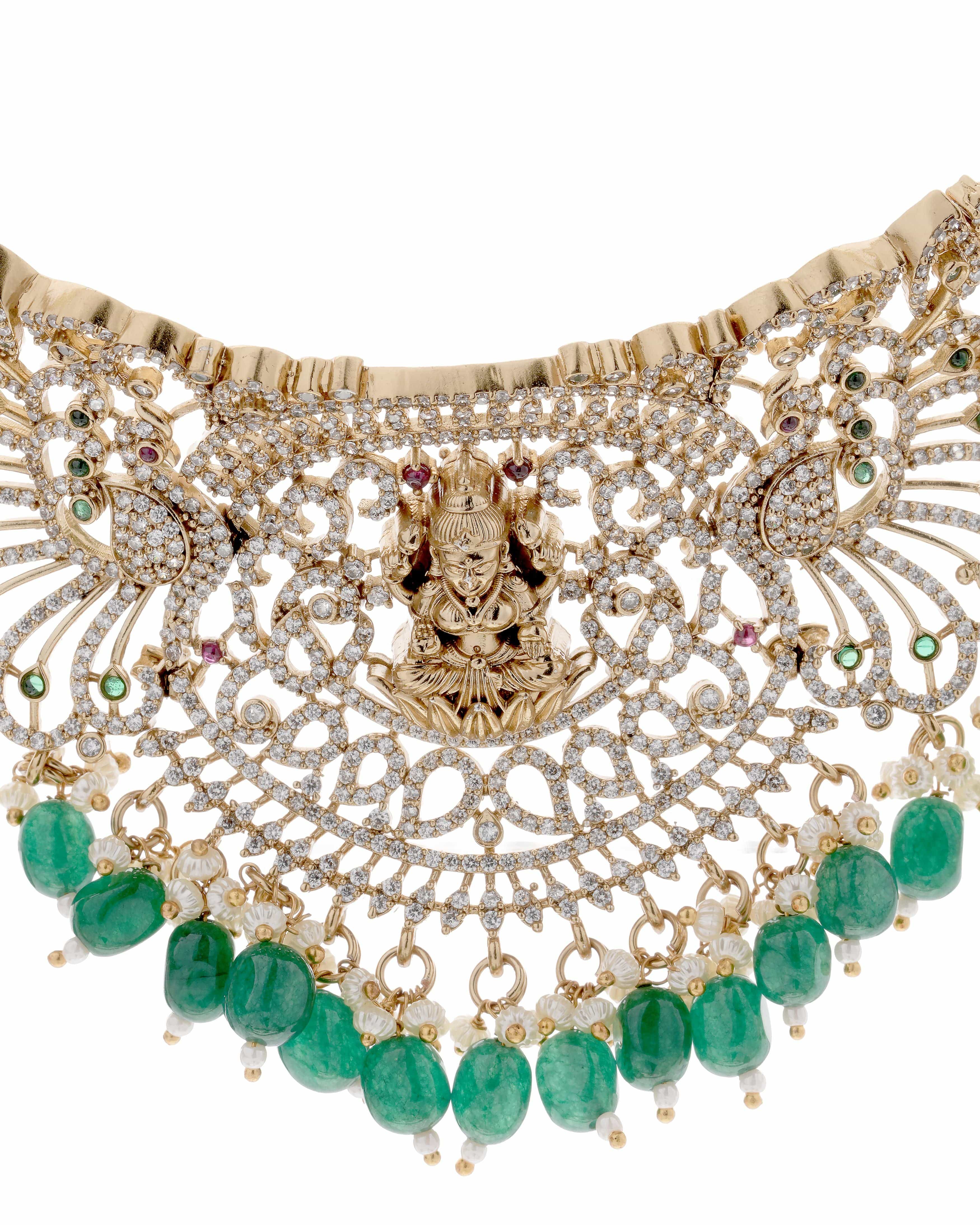 Temple Goddess CZ Adjustable Choker Necklace with Emerald Bead Drops