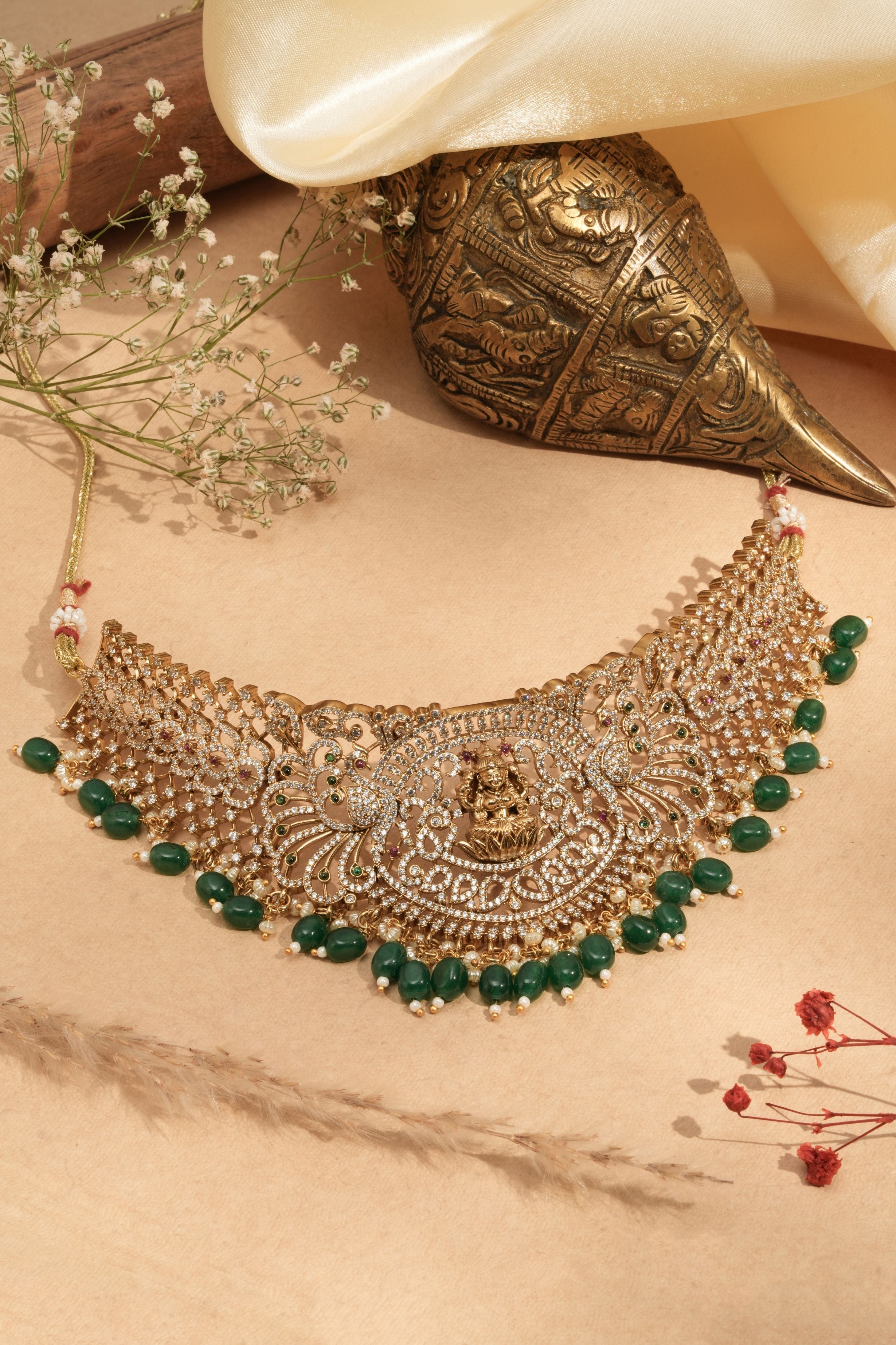 Temple Goddess CZ Adjustable Choker Necklace with Emerald Bead Drops