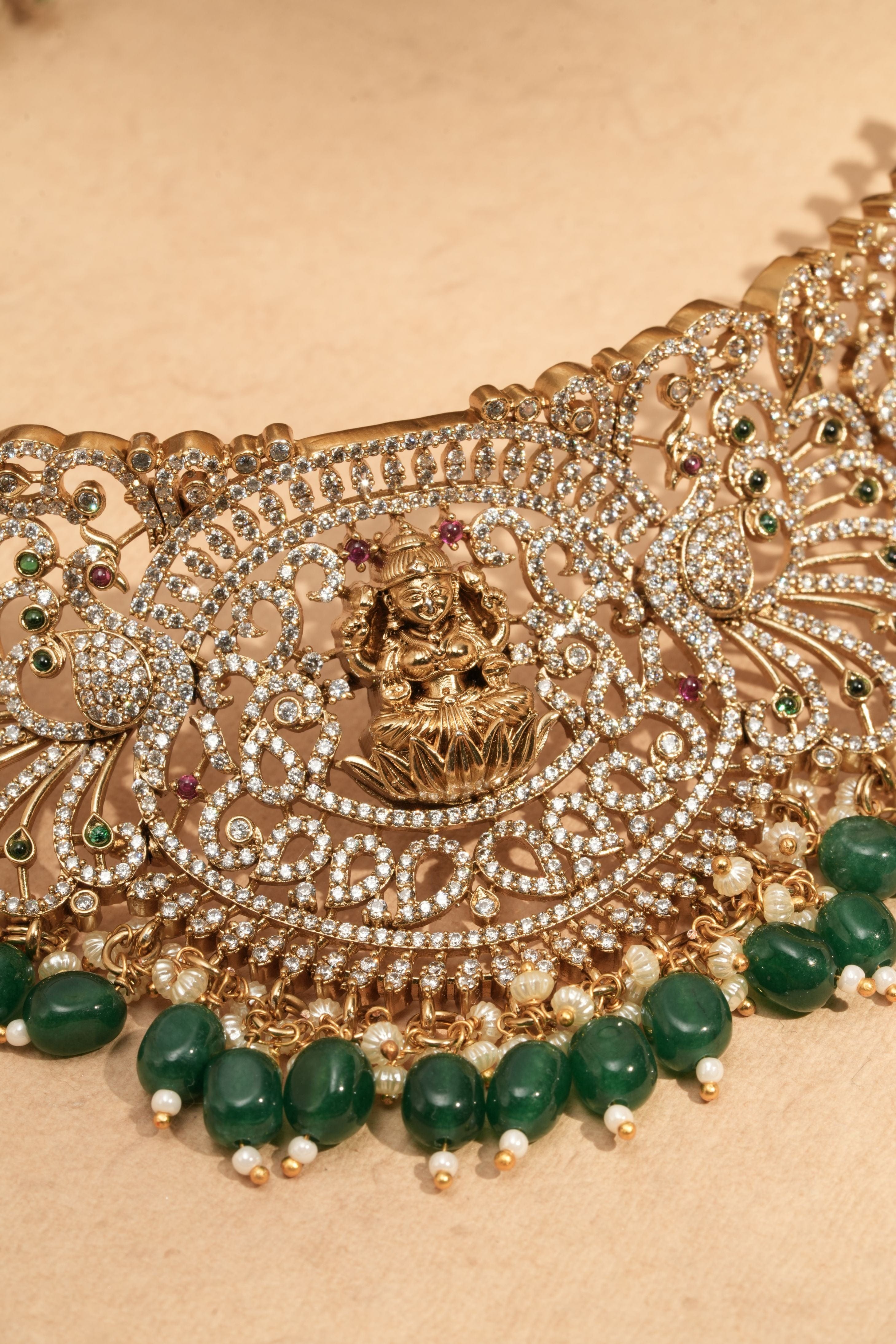 Temple Goddess CZ Adjustable Choker Necklace with Emerald Bead Drops