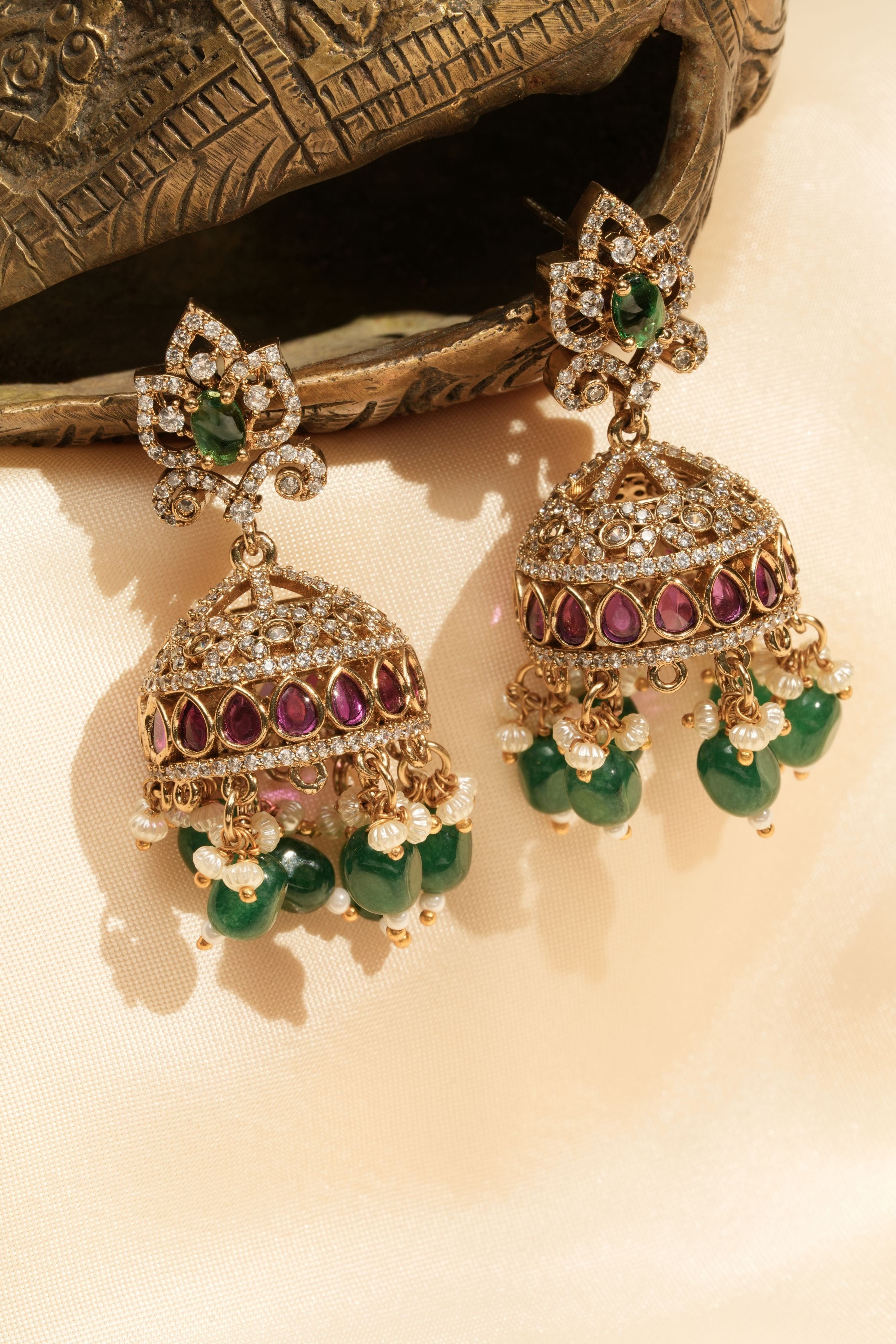Temple Goddess CZ Adjustable Choker Necklace with Emerald Bead Drops