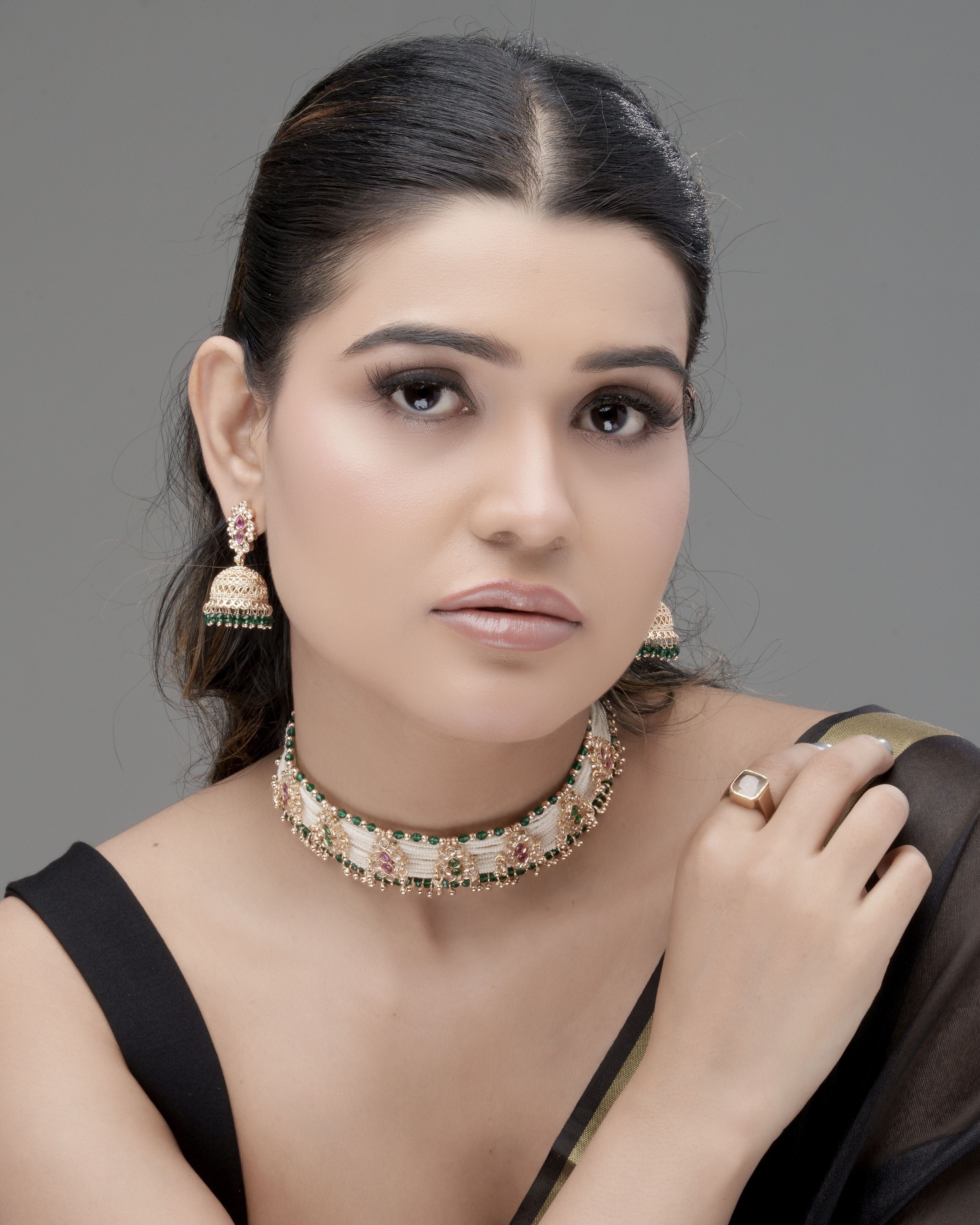 Pirohi Multi Strand Seed Bead Choker & Floral Jhumka Earrings Set